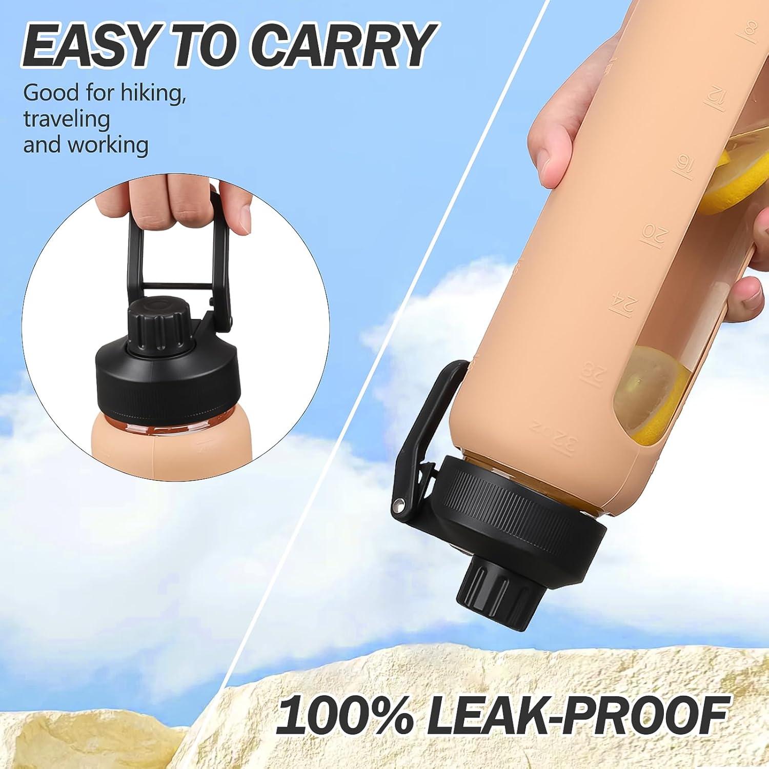 Botella de Agua de Vidrio 32oz NOLOGLAZIC con 2 Tapas y Soporte