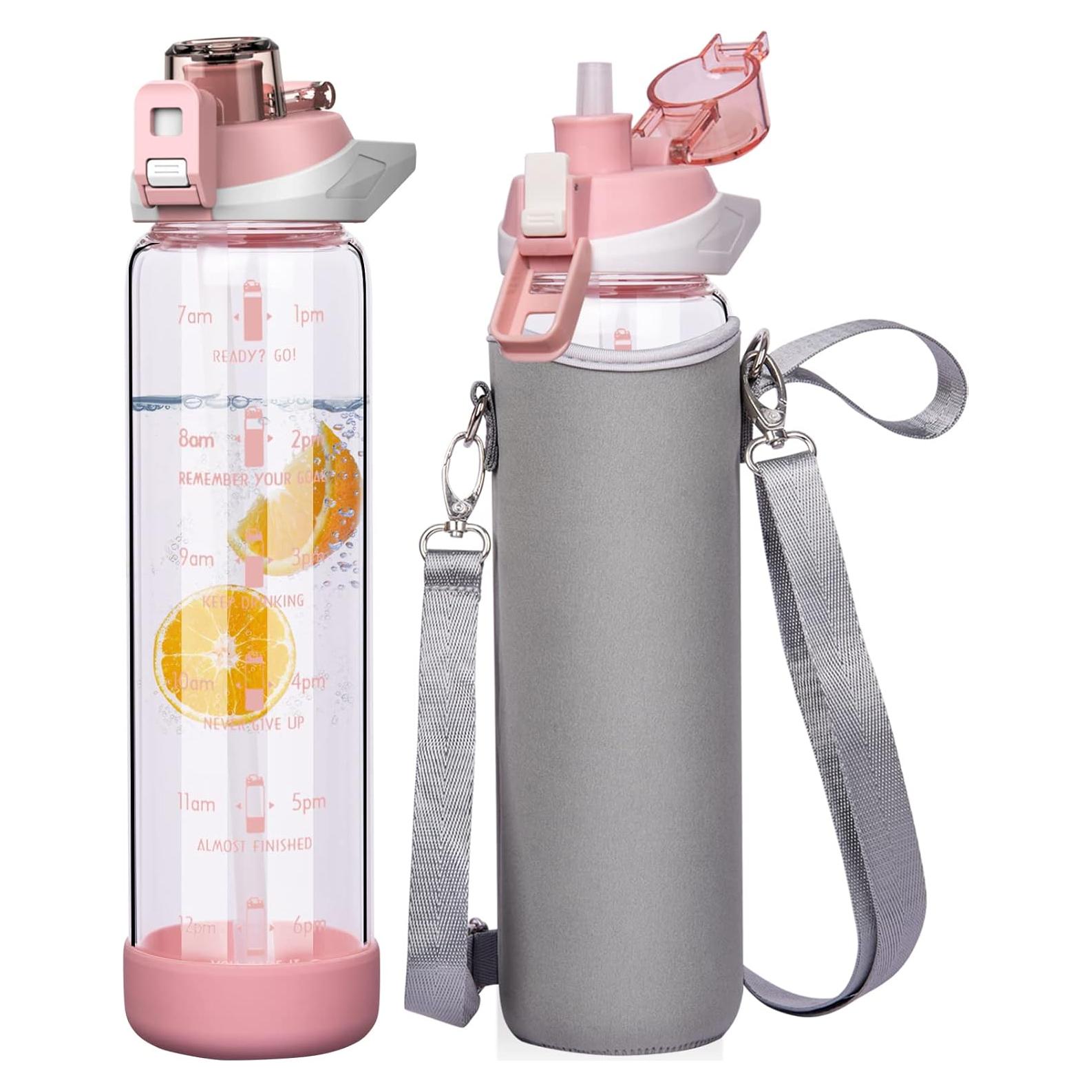 Botella de Agua de Vidrio Seekua 32 oz Rosa con Pajilla