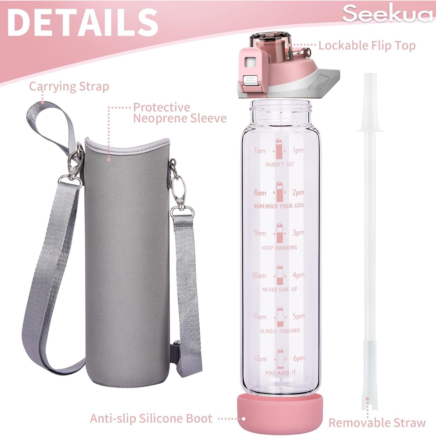 Botella de Agua de Vidrio Seekua 32 oz Rosa con Pajilla