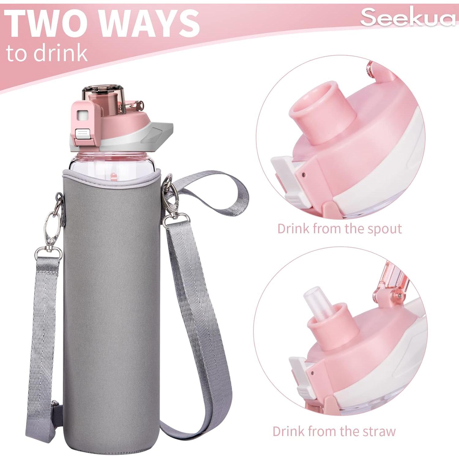Botella de Agua de Vidrio Seekua 32 oz Rosa con Pajilla