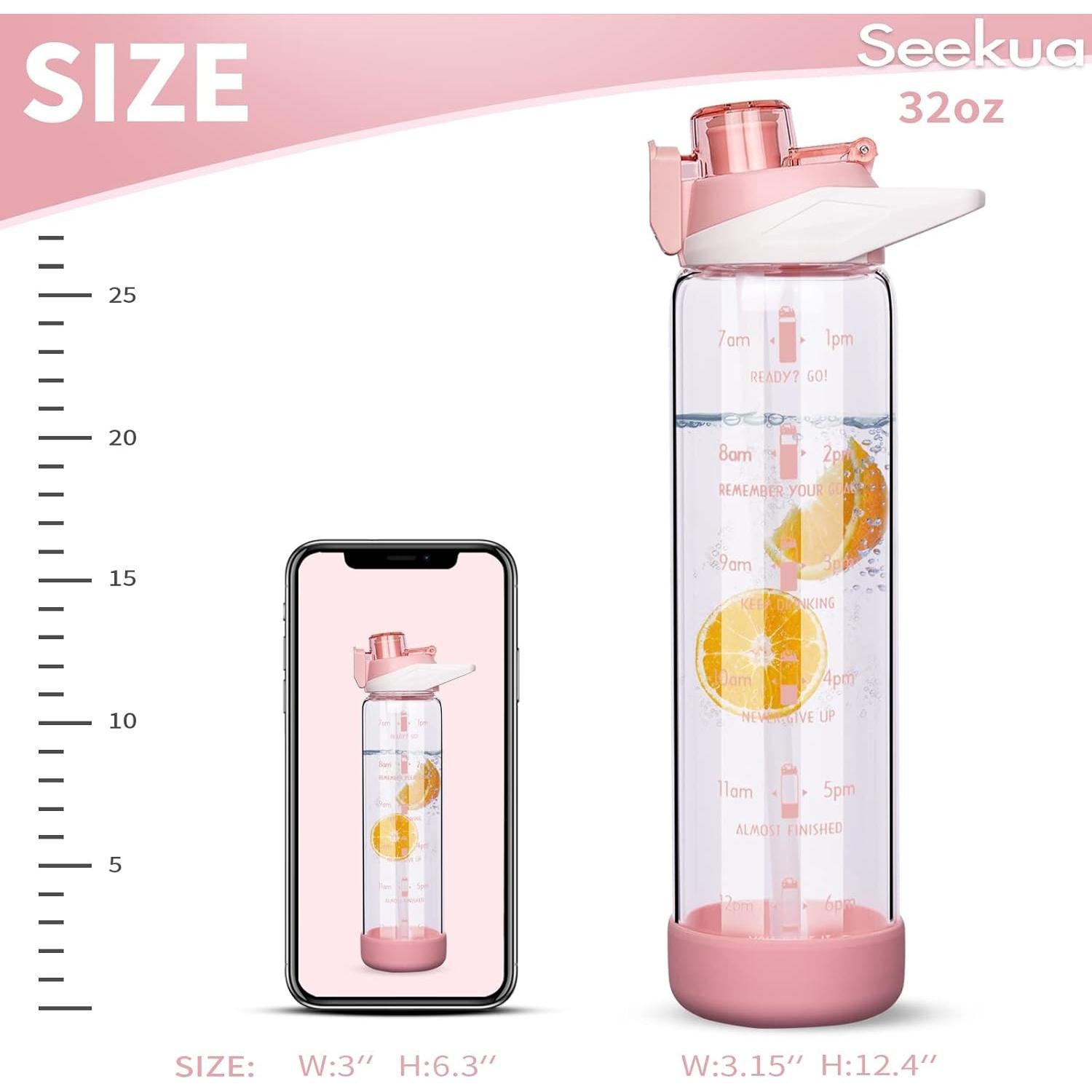 Botella de Agua de Vidrio Seekua 32 oz Rosa con Pajilla