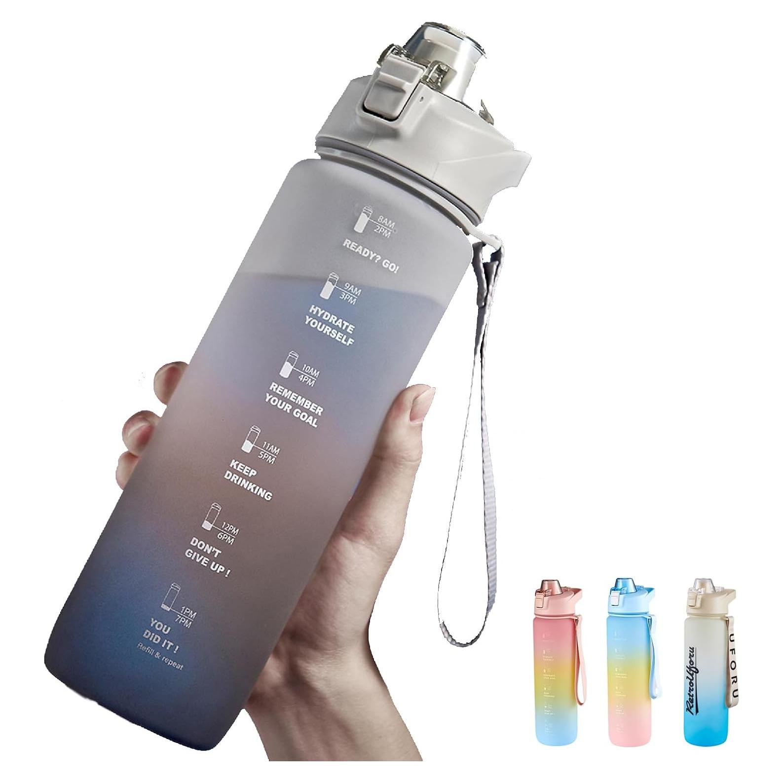 Botella de Agua DEARART 1000ml Gris con Pajilla y Marcador de Tiempo