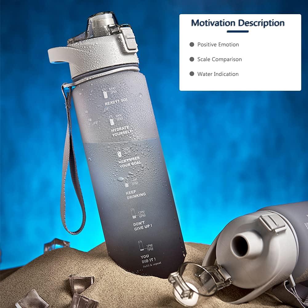 Botella de Agua DEARART 1000ml Gris con Pajilla y Marcador de Tiempo