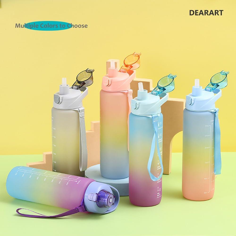 Botella de Agua DEARART 1000ml Gris con Pajilla y Marcador de Tiempo