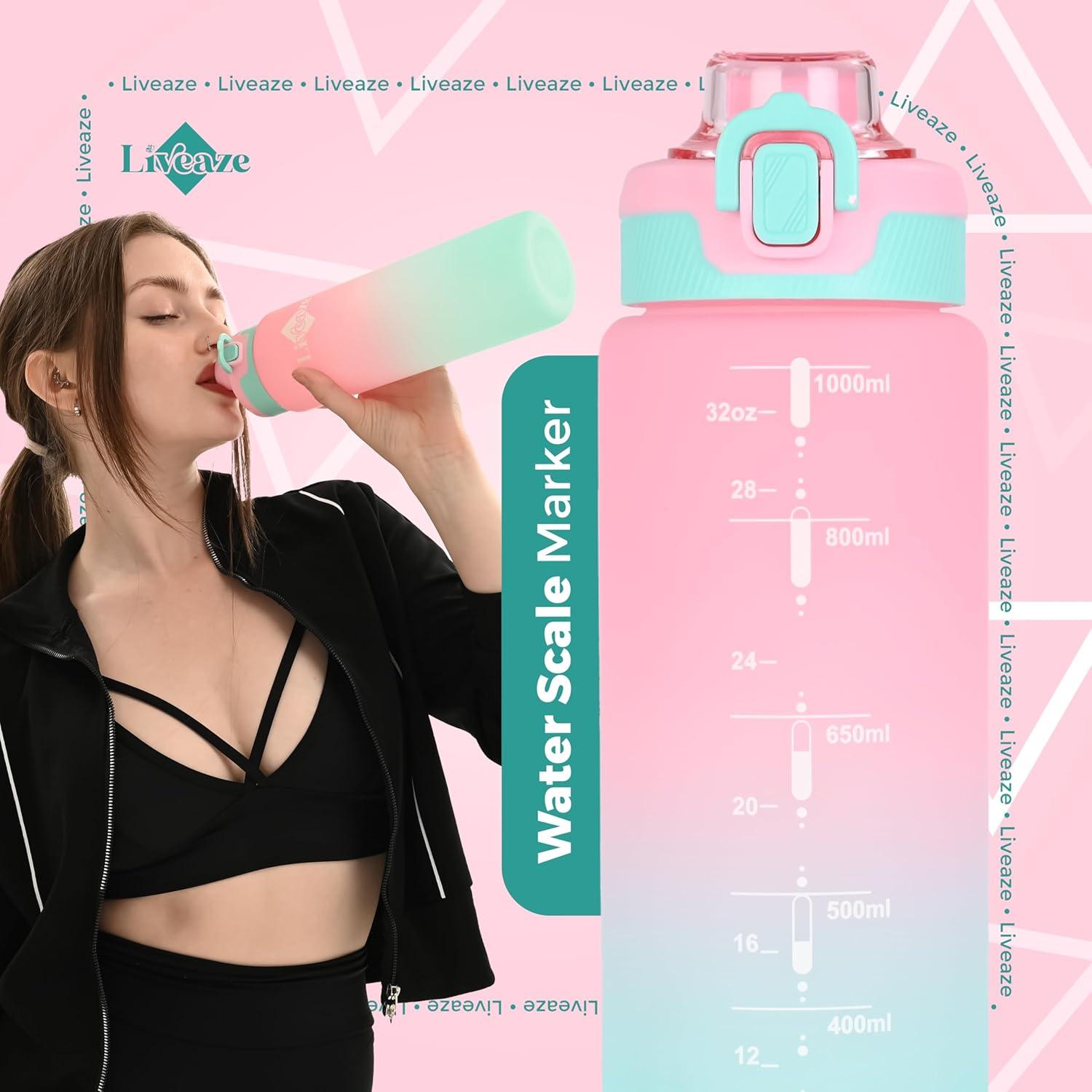 Botella de Agua Deportiva Liveaze 32oz Rosa Gradiente a Prueba de Fugas