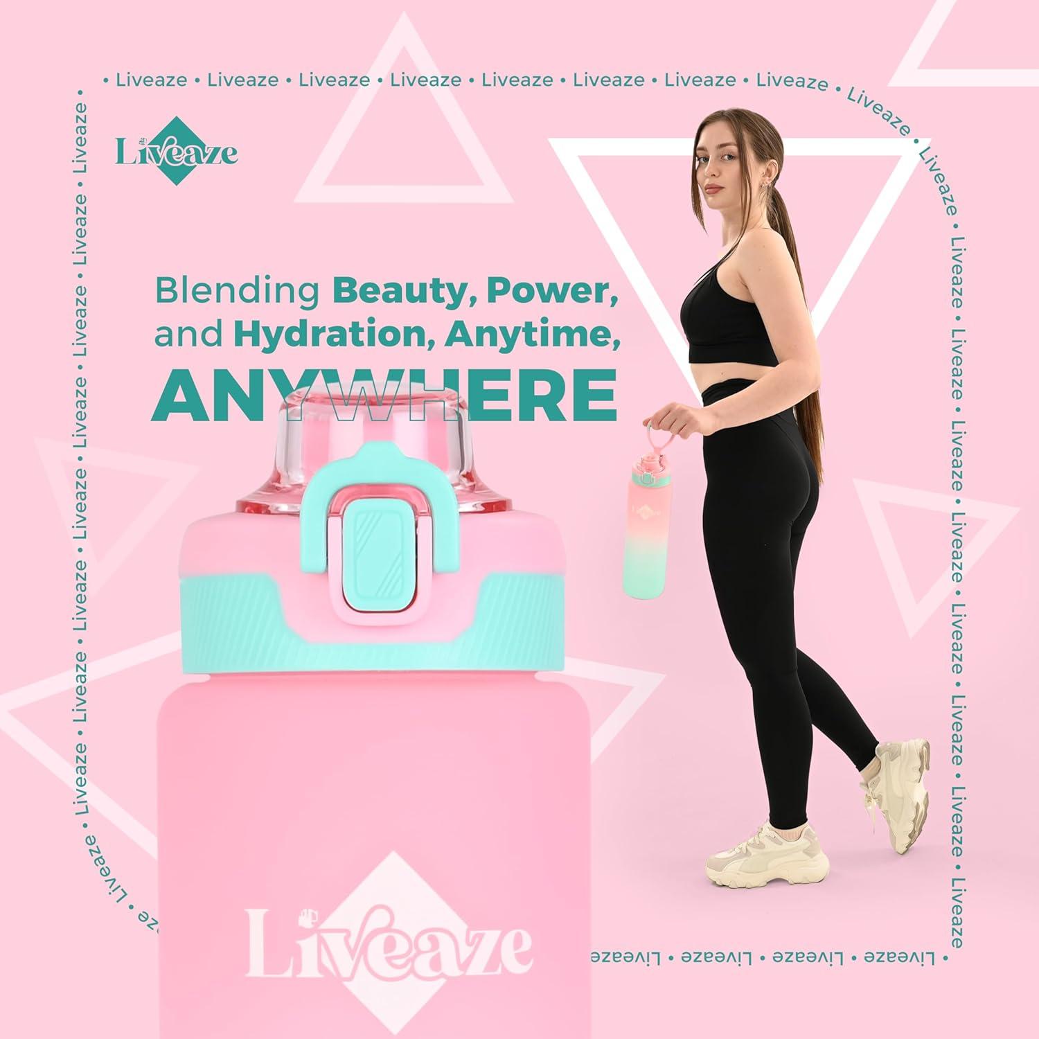 Botella de Agua Deportiva Liveaze 32oz Rosa Gradiente a Prueba de Fugas
