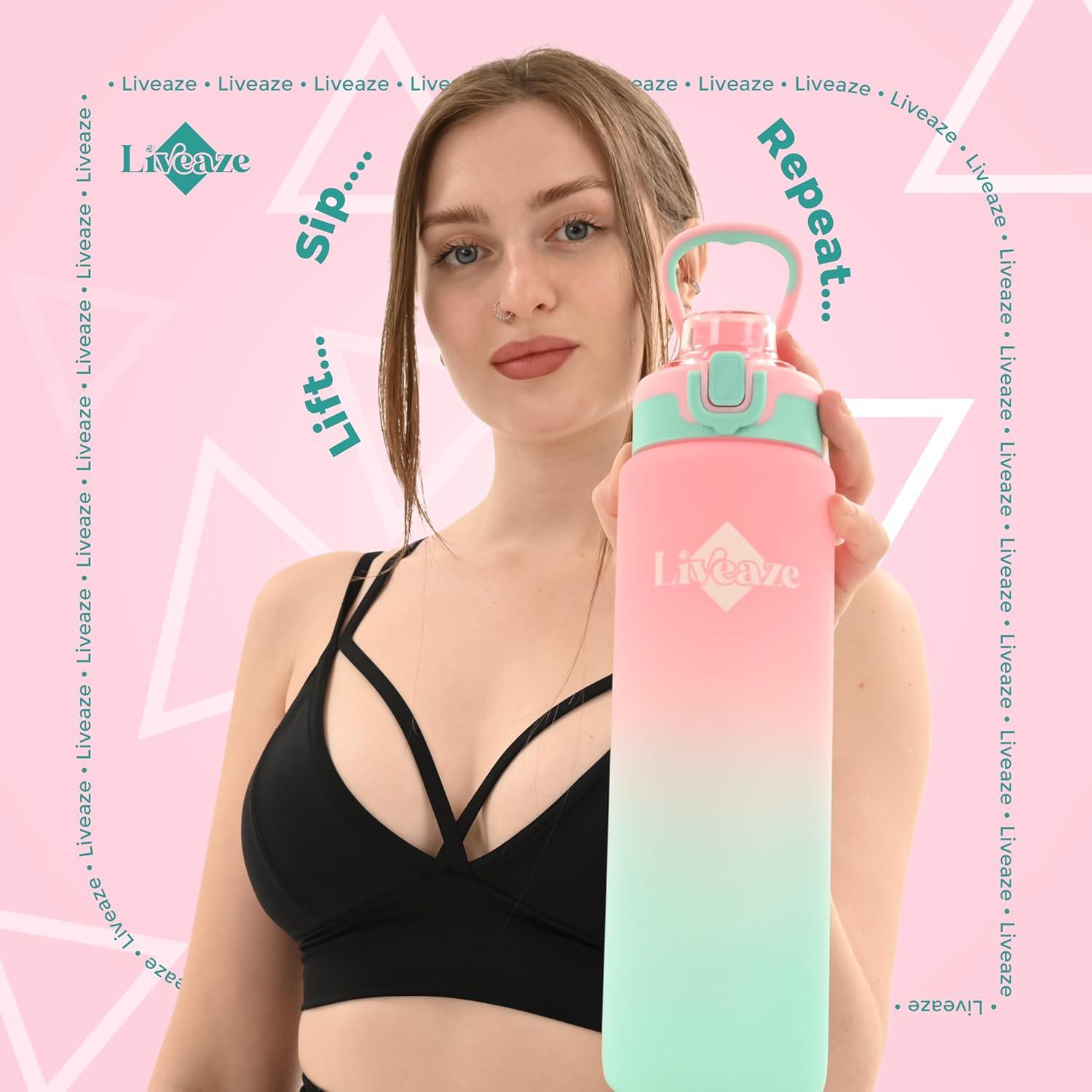 Botella de Agua Deportiva Liveaze 32oz Rosa Gradiente a Prueba de Fugas