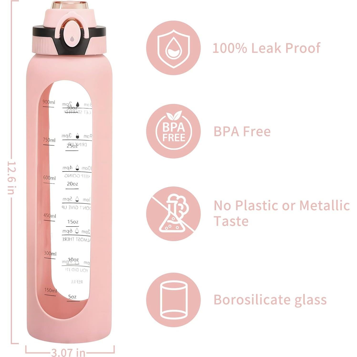 Botella de Agua de Vidrio Yenergy 1L con Manga Silicona Rosa