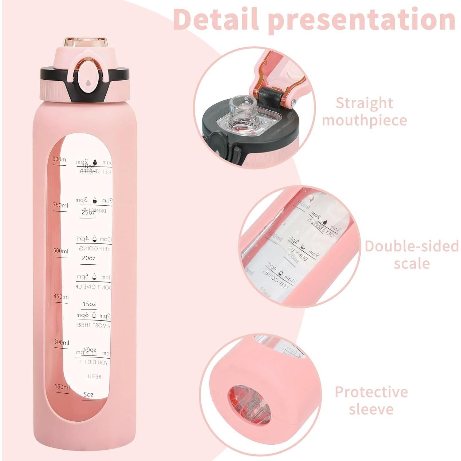 Botella de Agua de Vidrio Yenergy 1L con Manga Silicona Rosa