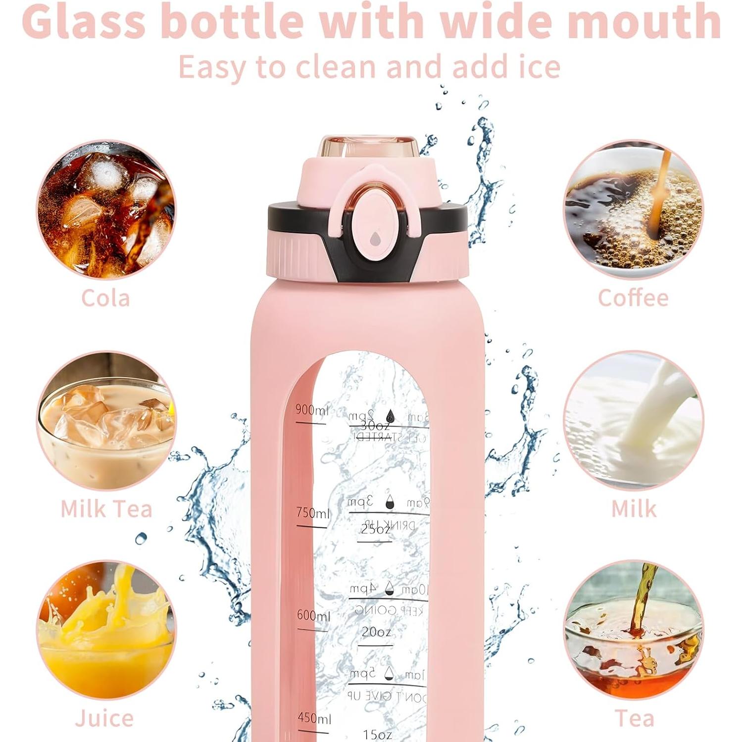 Botella de Agua de Vidrio Yenergy 1L con Manga Silicona Rosa