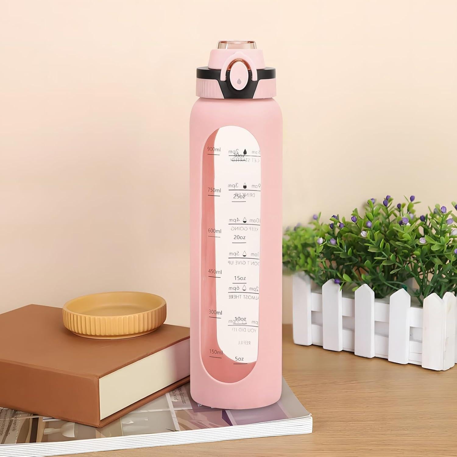 Botella de Agua de Vidrio Yenergy 1L con Manga Silicona Rosa