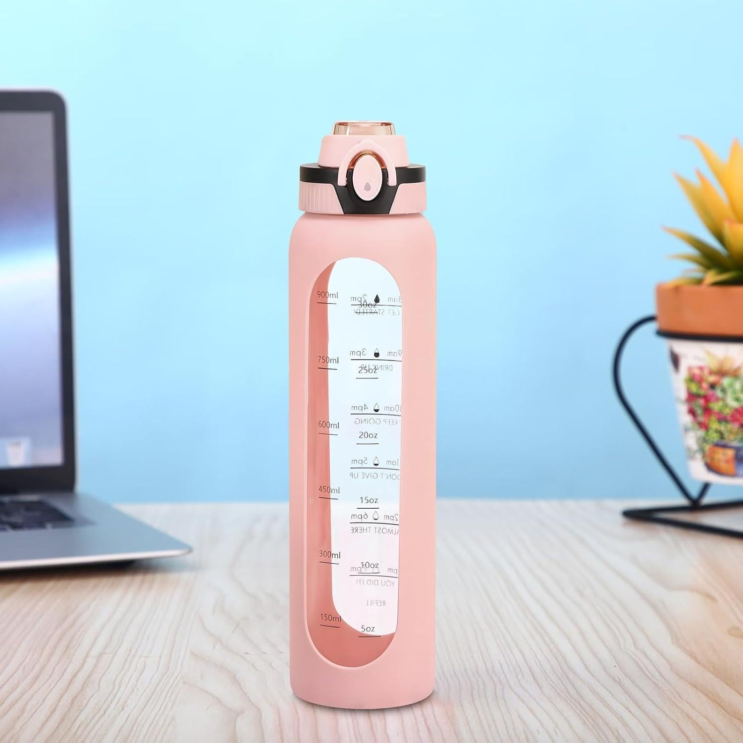 Botella de Agua de Vidrio Yenergy 1L con Manga Silicona Rosa