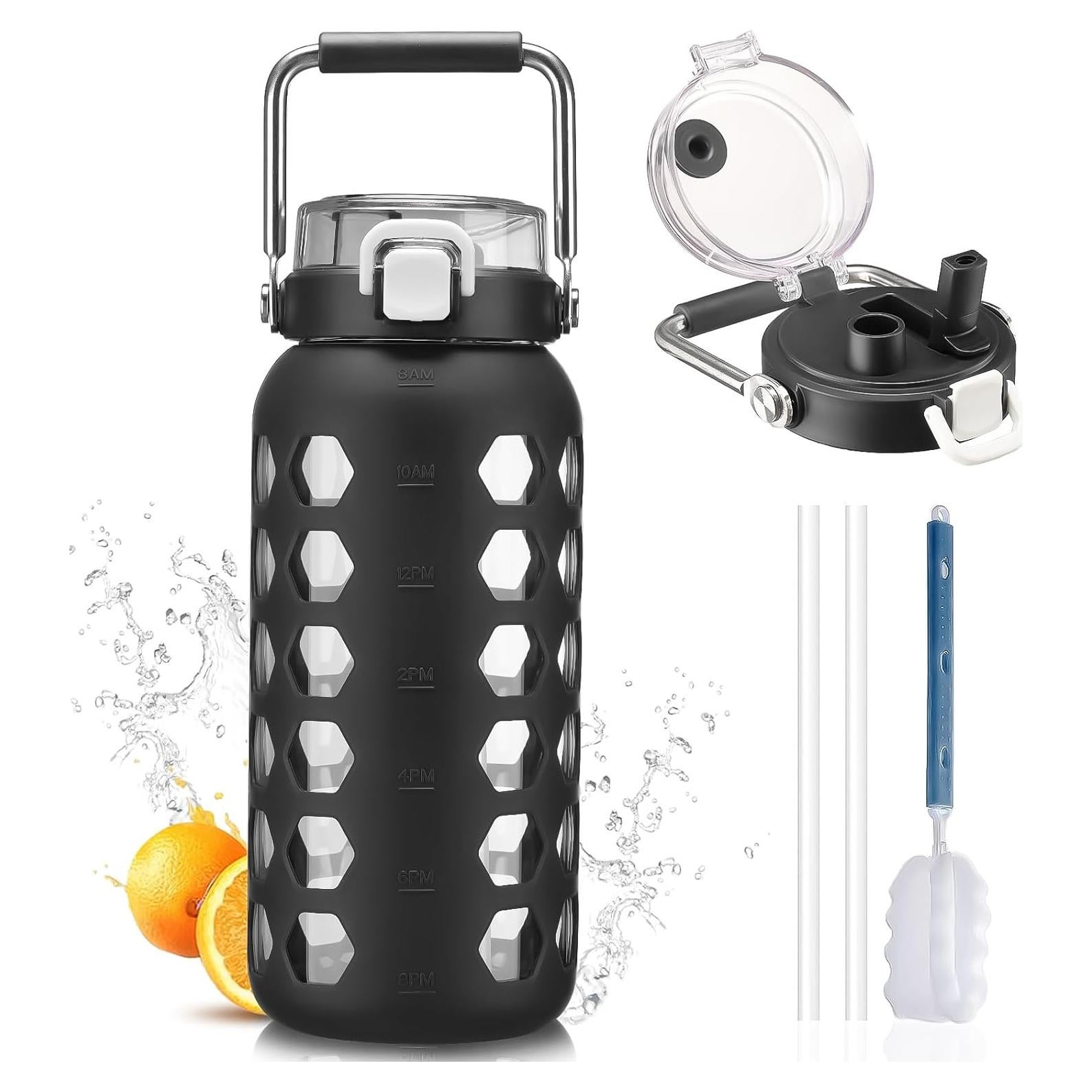 Botella de Agua de Vidrio MUKOKO 1.81L con Pajilla y Tapa Negra