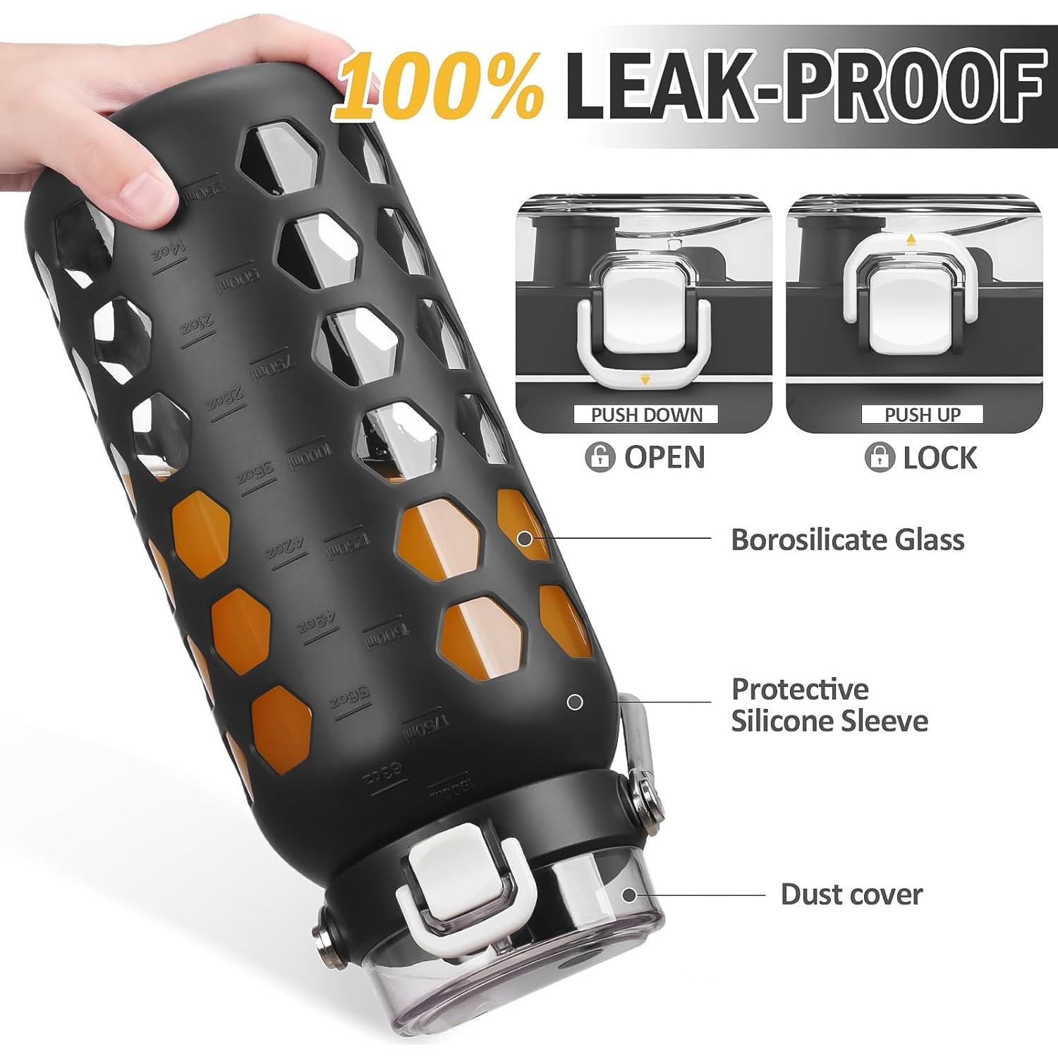 Botella de Agua de Vidrio MUKOKO 1.81L con Pajilla y Tapa Negra