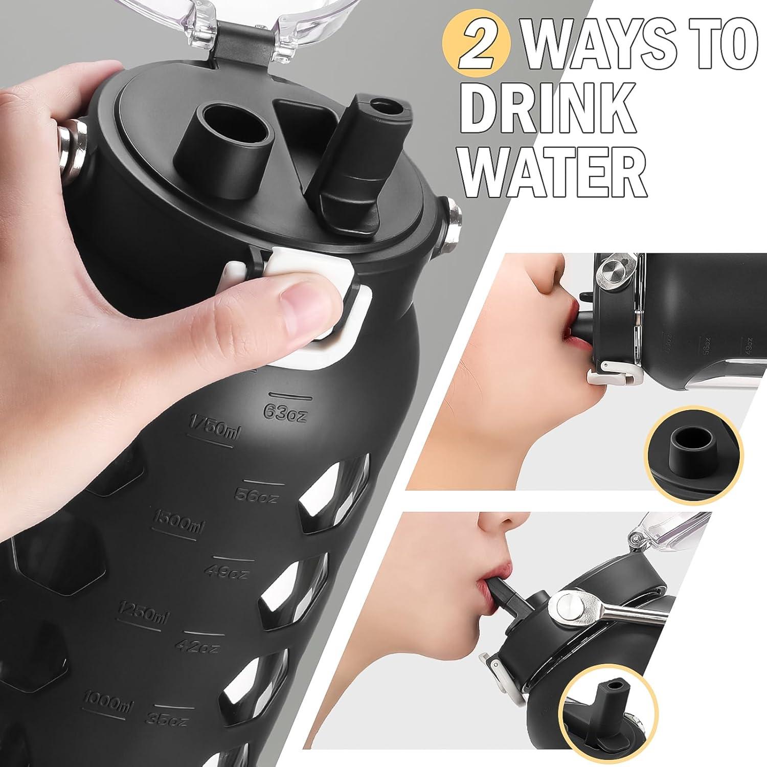 Botella de Agua de Vidrio MUKOKO 1.81L con Pajilla y Tapa Negra