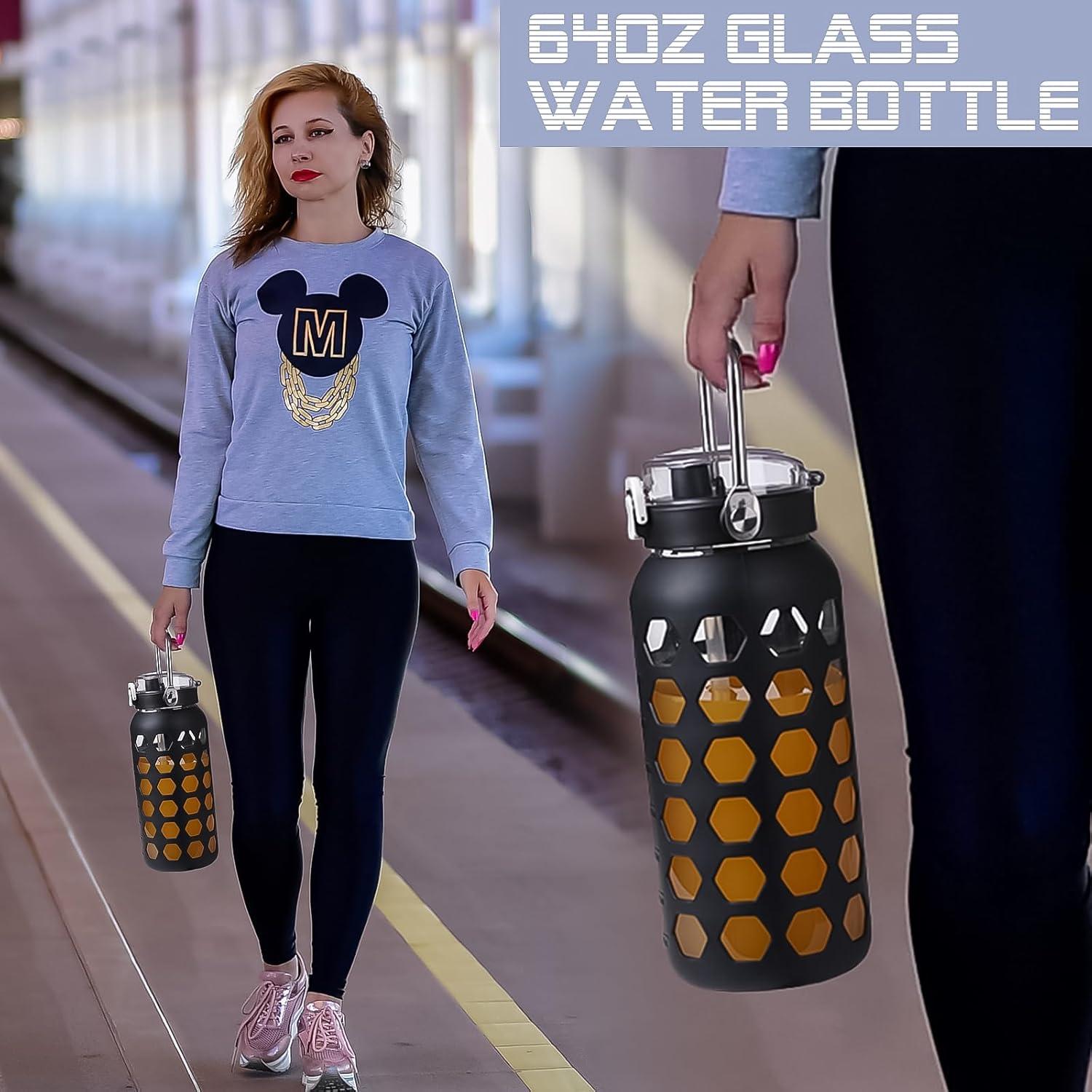 Botella de Agua de Vidrio MUKOKO 1.81L con Pajilla y Tapa Negra