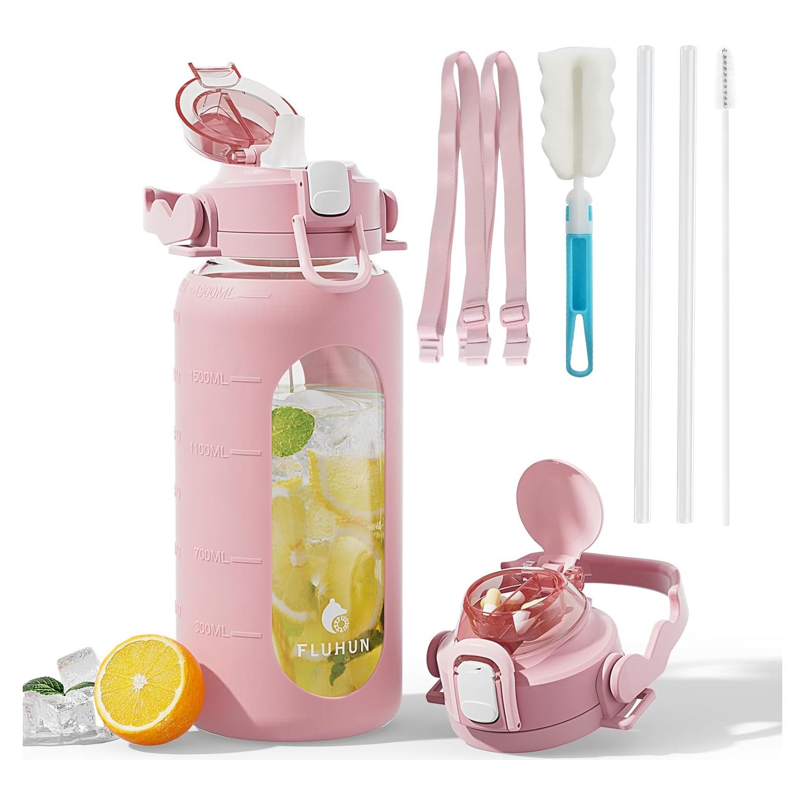 Botella de Agua de Vidrio 64 Oz Fluhun Rosa a Prueba de Fugas