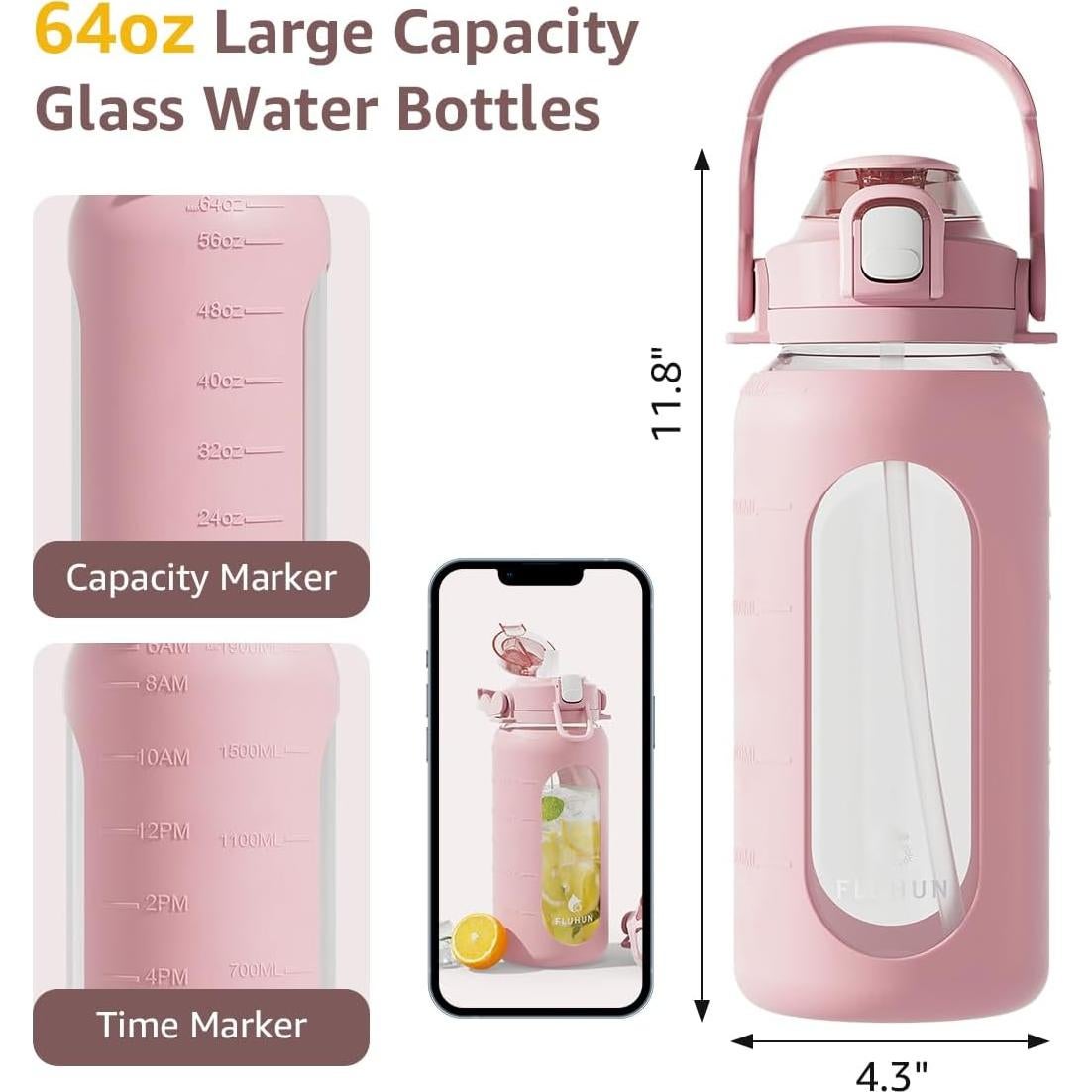 Botella de Agua de Vidrio 64 Oz Fluhun Rosa a Prueba de Fugas