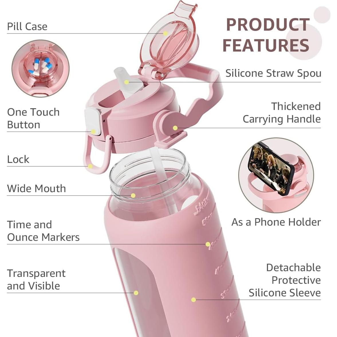 Botella de Agua de Vidrio 64 Oz Fluhun Rosa a Prueba de Fugas