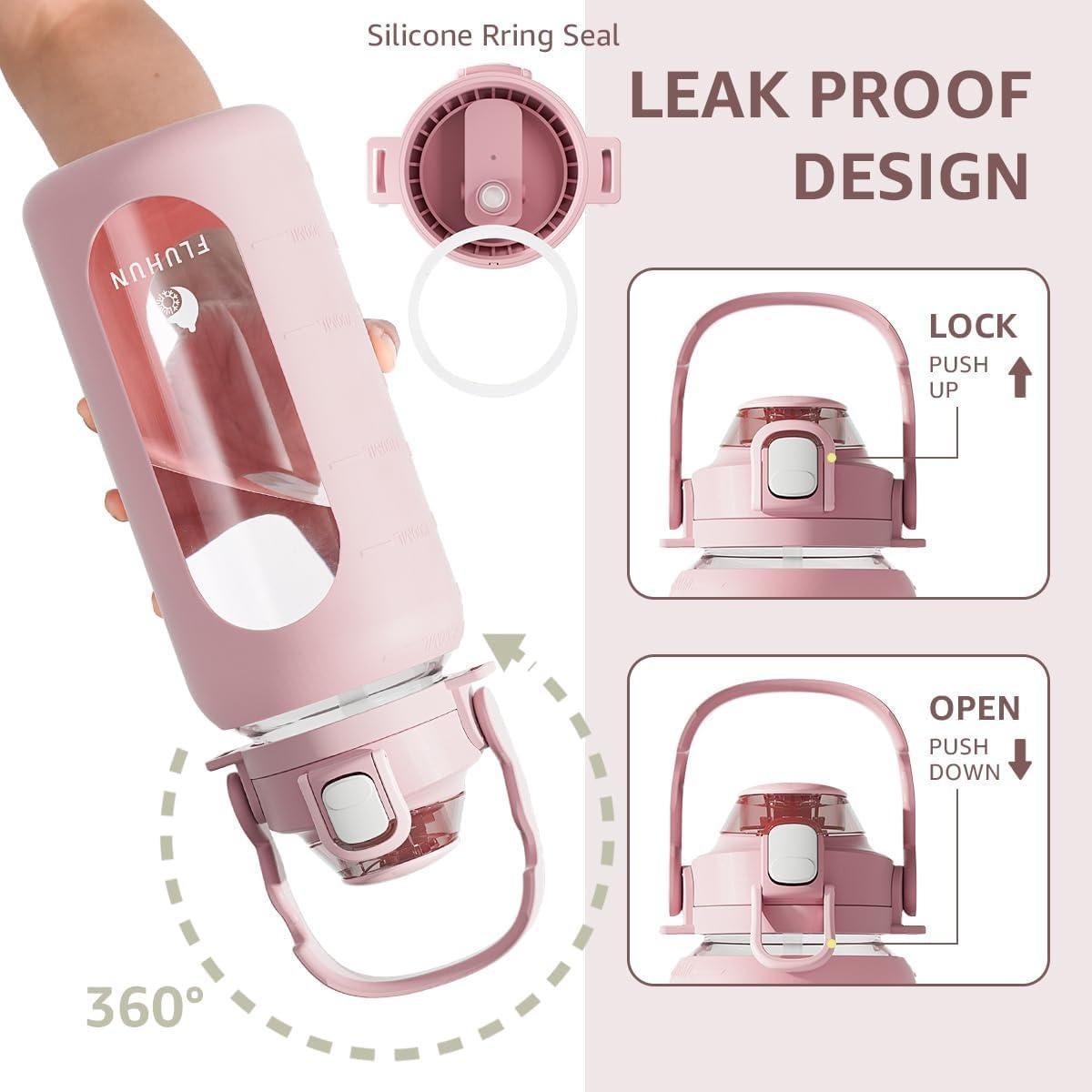 Botella de Agua de Vidrio 64 Oz Fluhun Rosa a Prueba de Fugas