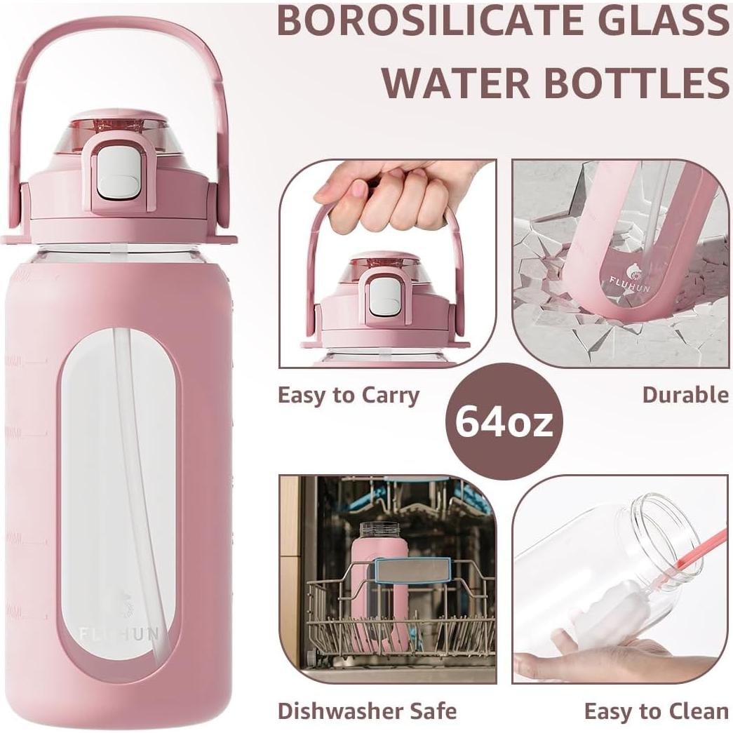 Botella de Agua de Vidrio 64 Oz Fluhun Rosa a Prueba de Fugas