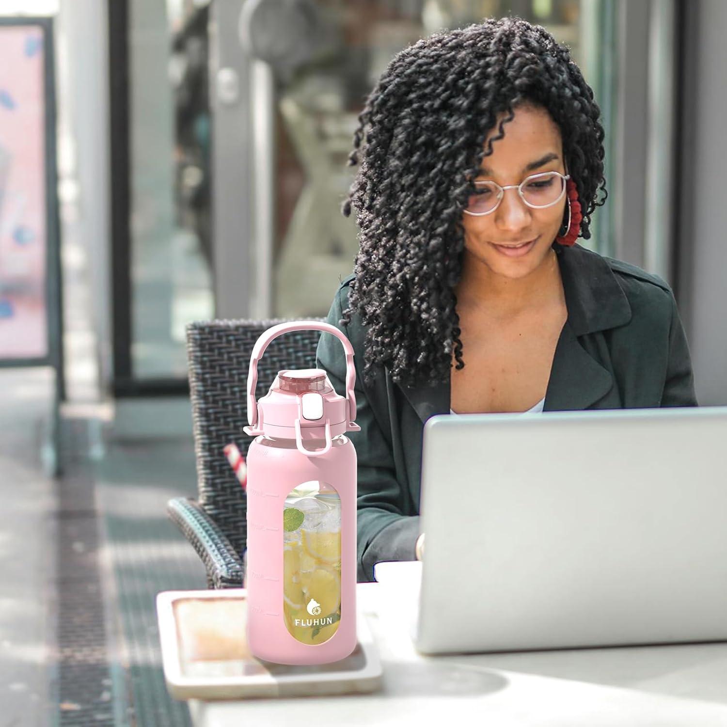 Botella de Agua de Vidrio 64 Oz Fluhun Rosa a Prueba de Fugas