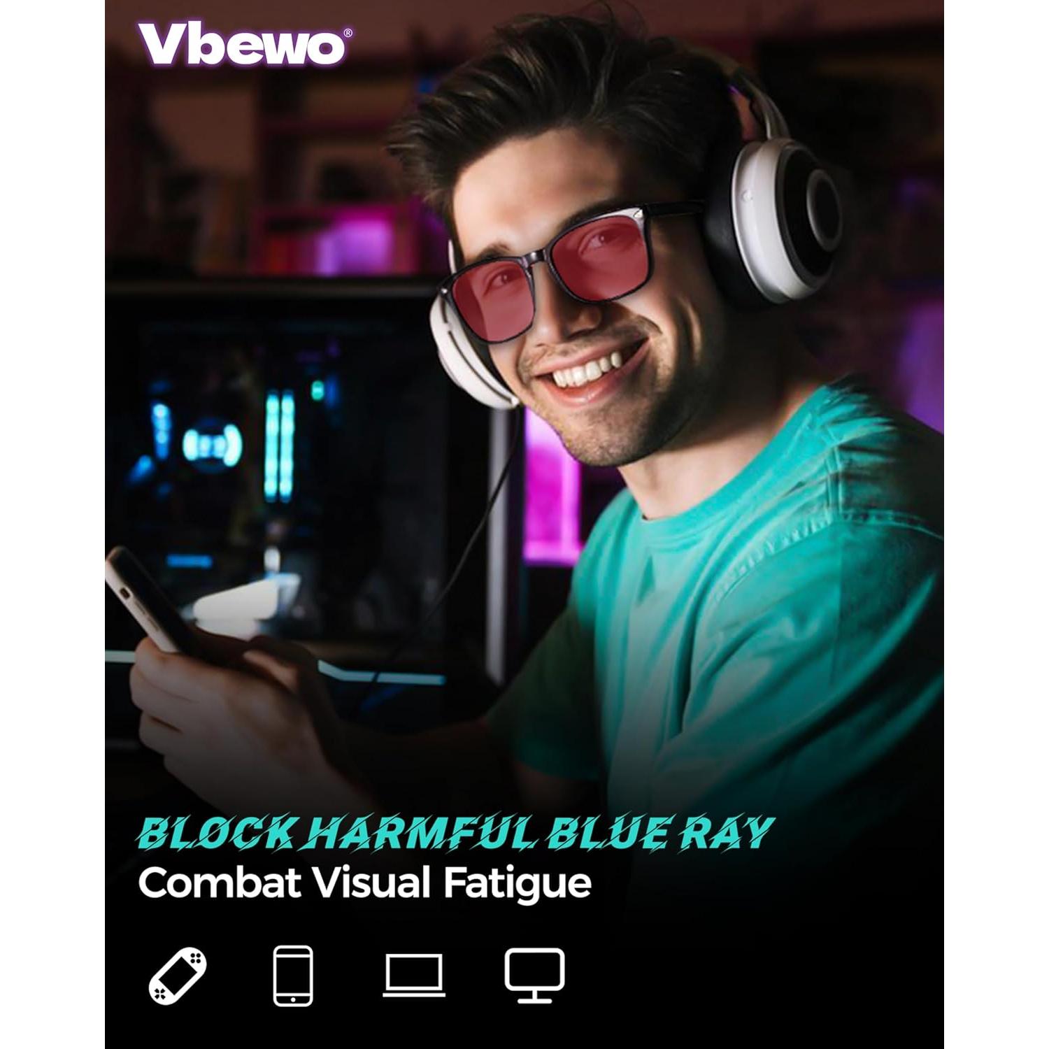 Gafas Vbewo para Dormir y Jugar, Lente Roja, 99.99% Bloqueo Luz Azul