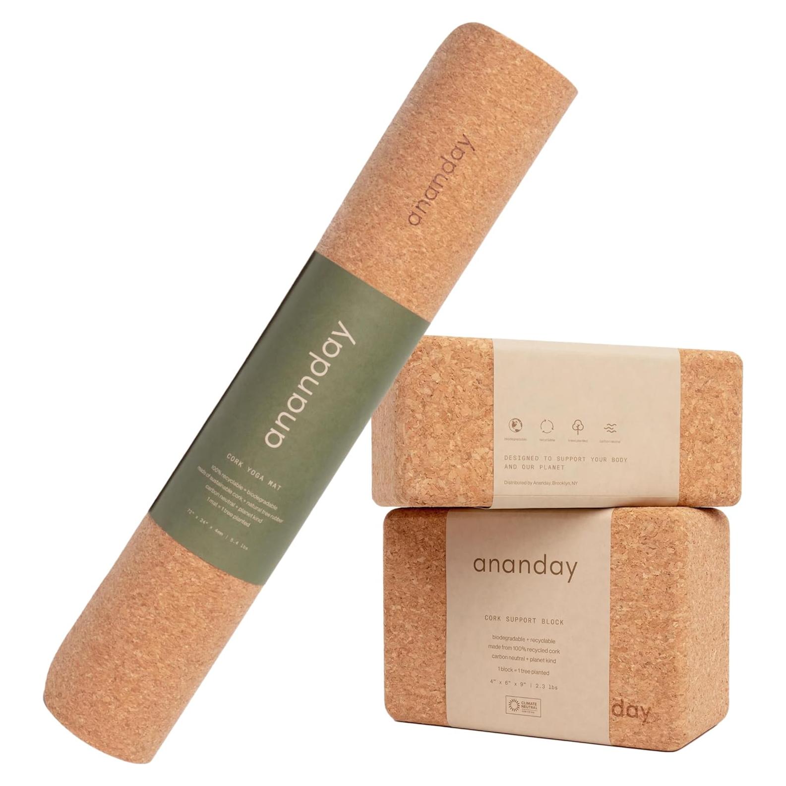 Estera de Yoga de Corcho ANANDAY + 2 Bloques Antideslizantes