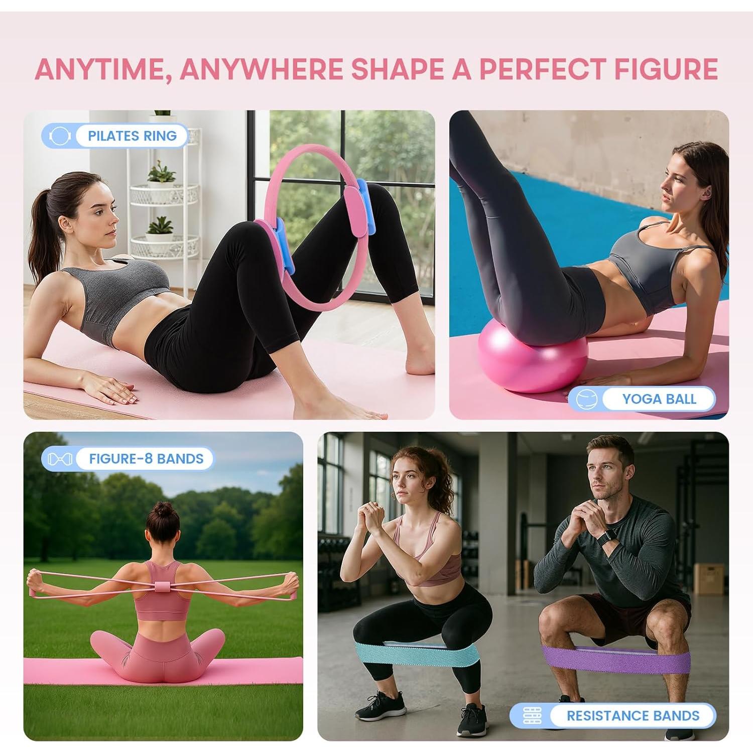 Kit de Pilates en Casa Sobre la Vida PR-01 Rosa - Anillo 35.56 cm, Bandas y Pelota