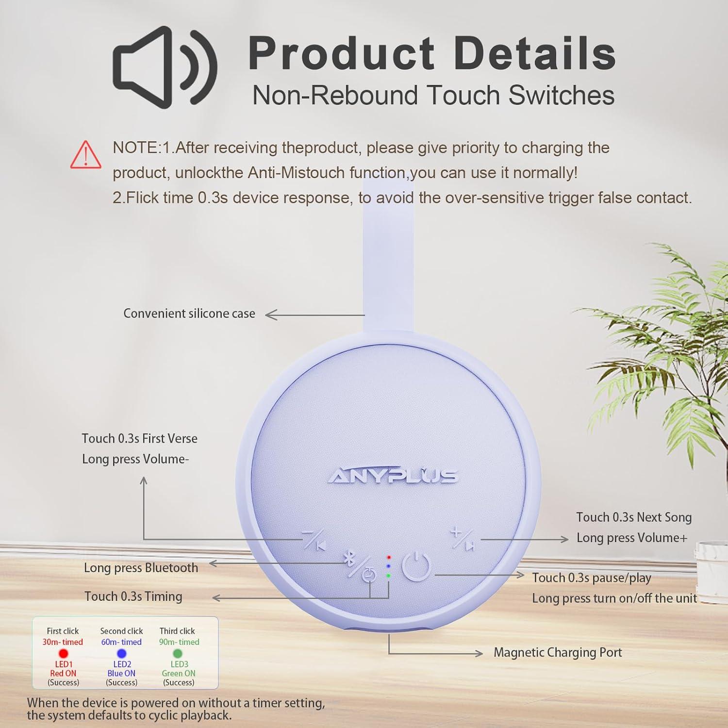 Máquina de Ruido Blanco ANYPLUS Portátil Bluetooth 5.1 24 Sonidos