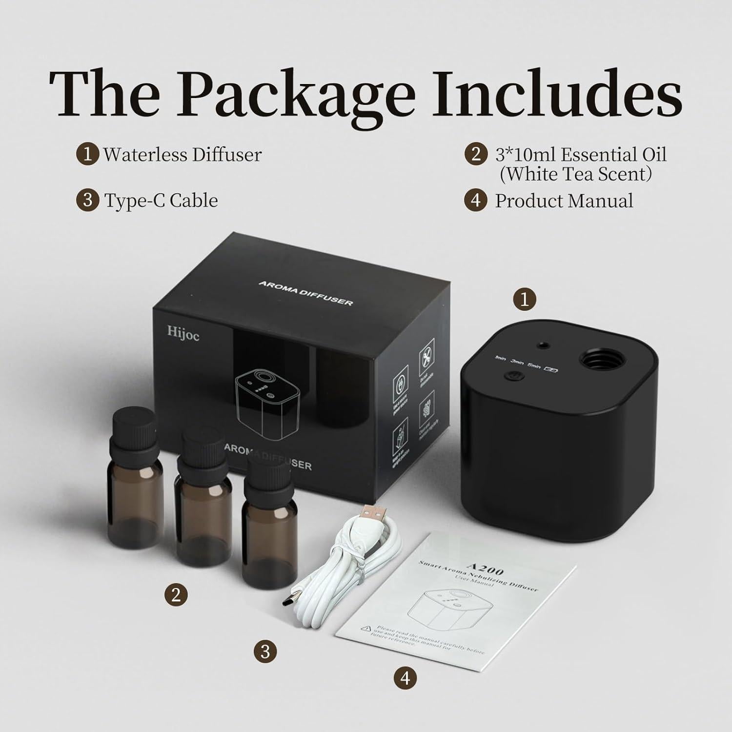 Difusor de Aroma Hijoc Portátil Negro con 3 Aceites 10ml