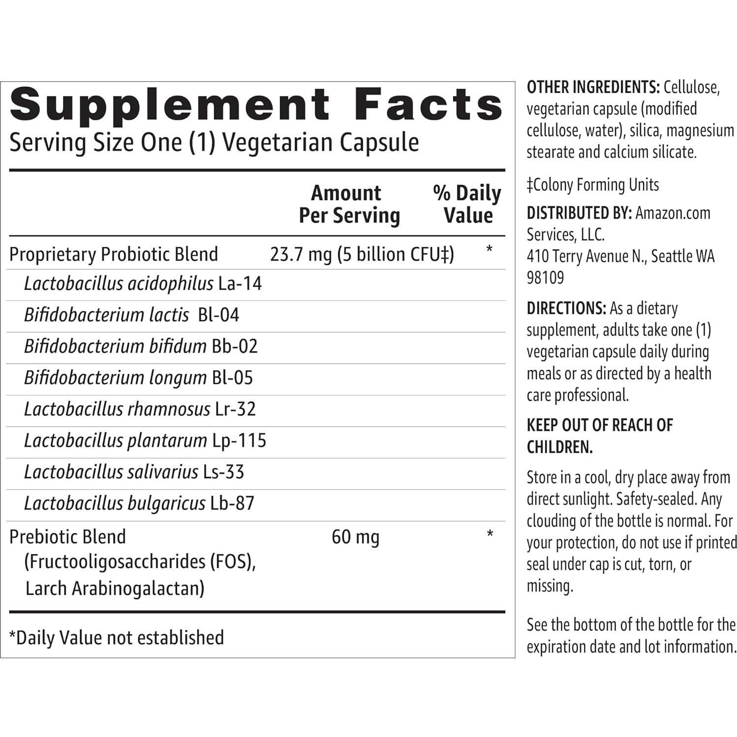 Probiotico Amazon Basics 5 Mil Millones CFU 60 Cápsulas Vegetarianas