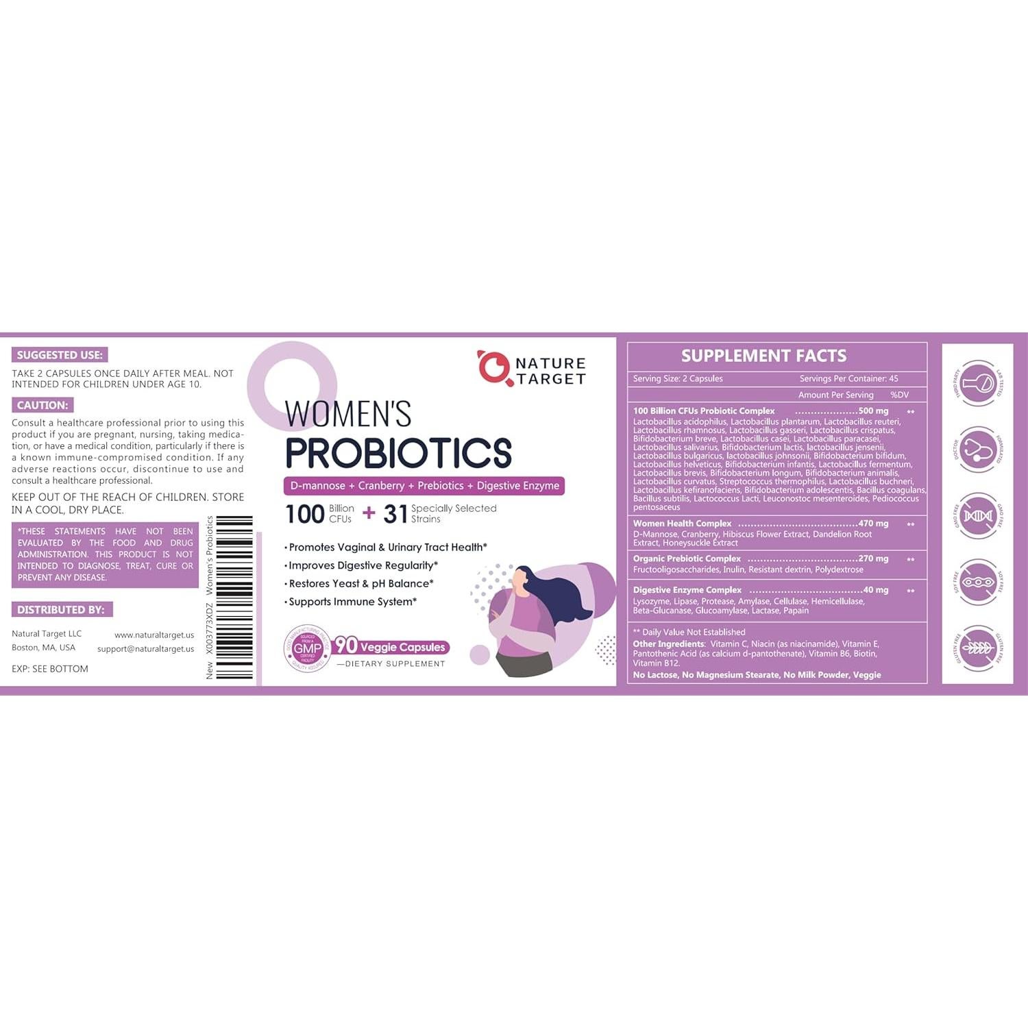 Probioticos para Mujeres NATURE TARGET 100 Mil CFUs 90 Cápsulas