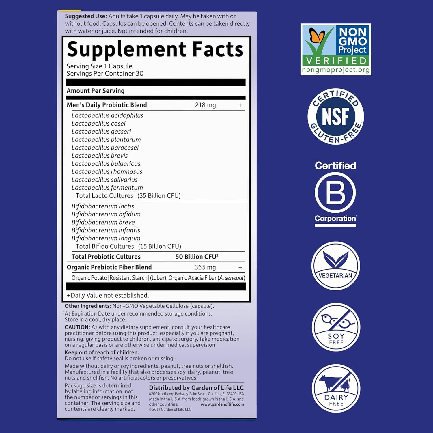 Probioticos para Hombres Jardín de la Vida 50 Mil Millones CFU 30 Cápsulas