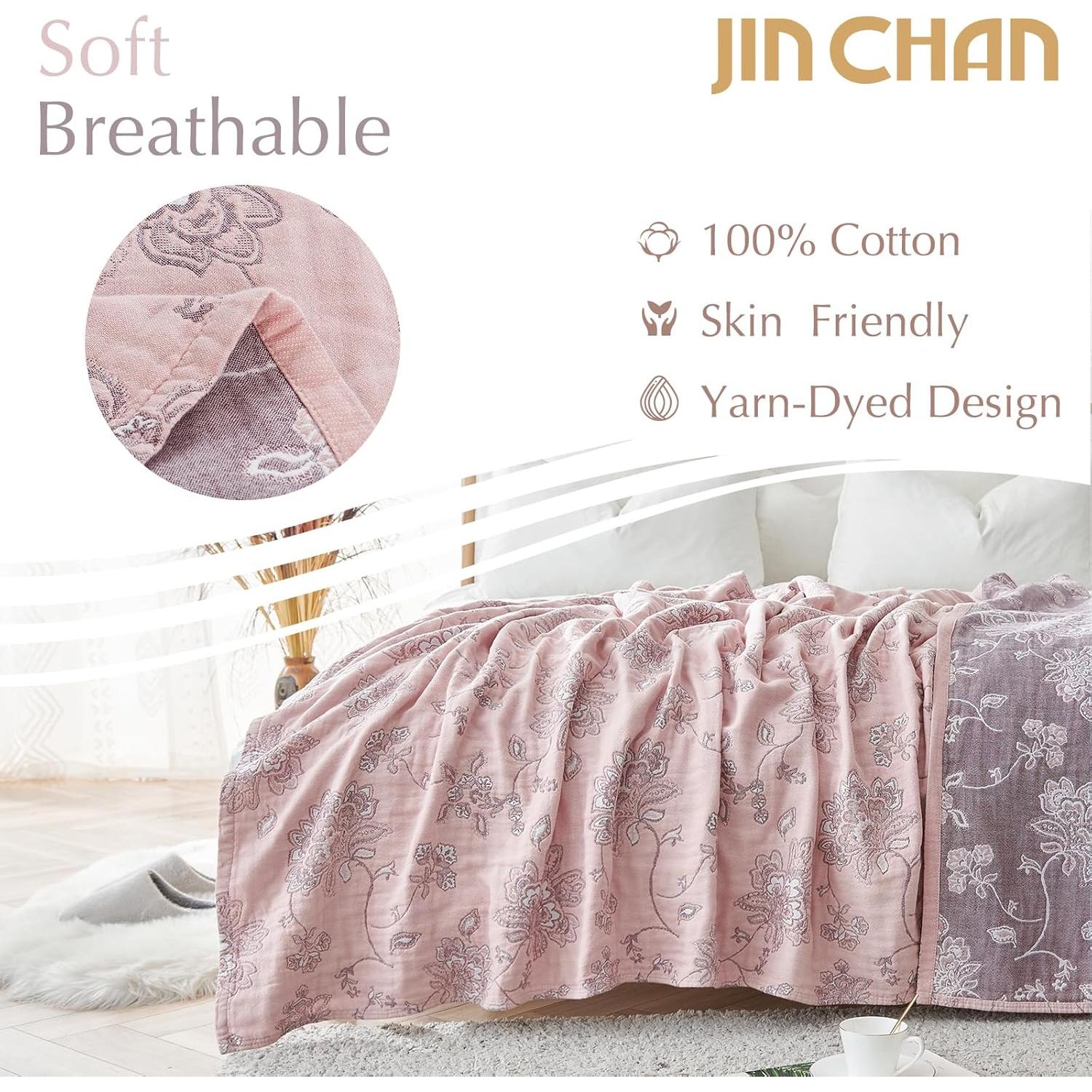 Manta Ligera Boho 100% Algodón Jinchan 203x228 cm Rosa Floral