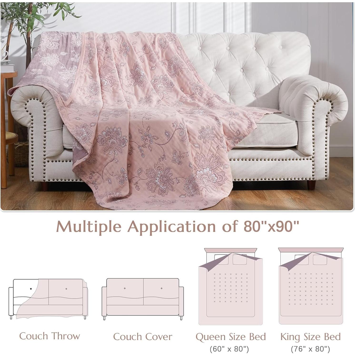 Manta Ligera Boho 100% Algodón Jinchan 203x228 cm Rosa Floral