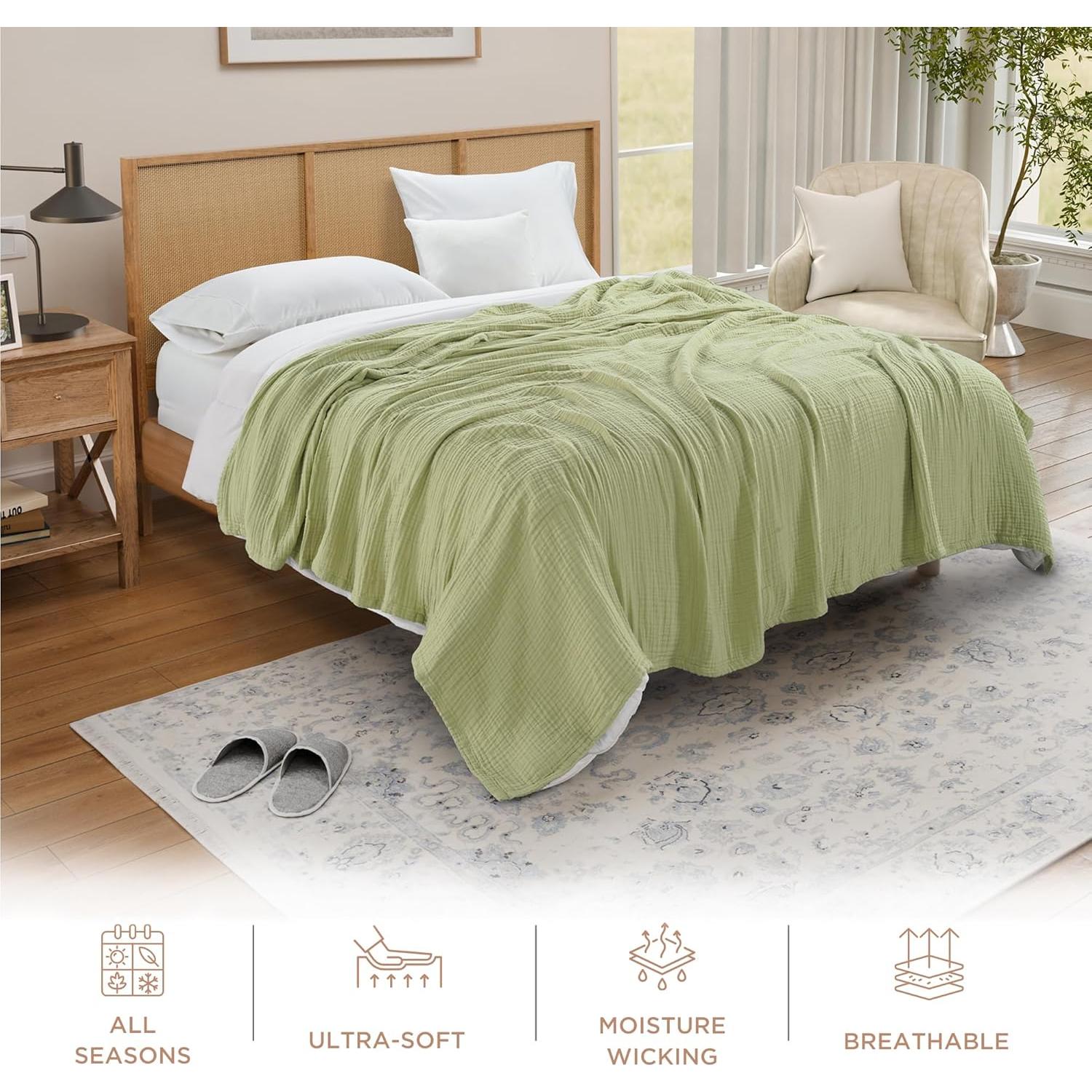 Manta de Muselina King Size Threadmill 4 Capas Algodón Verde