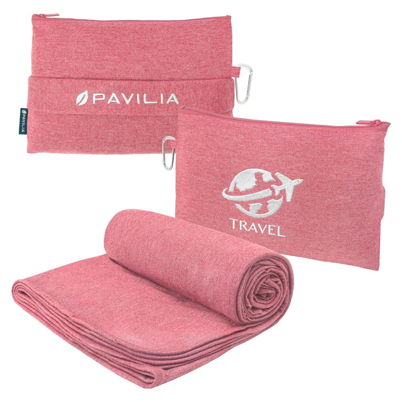 PAVILIA Soft Travel Blanket, Compact Airplane Blanket in Bag, Portable Blanket Pillow Set, Lightweight and Packable Plane Flight Car Trips Travel Home Office Gift Accessories, Pink, 65x40 inches