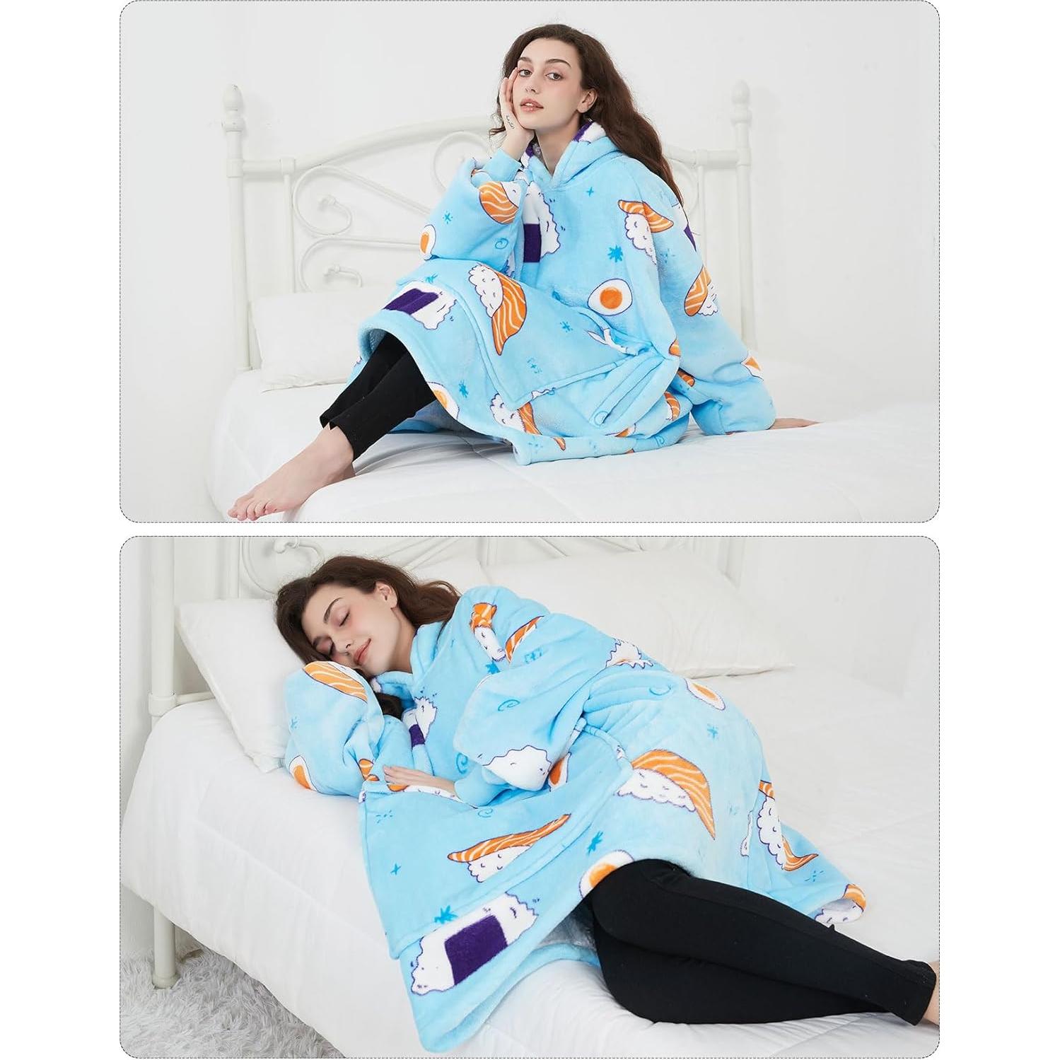 Sudadera Manta Usable KFUBUO Sherpa Azul Sushi para Adultos