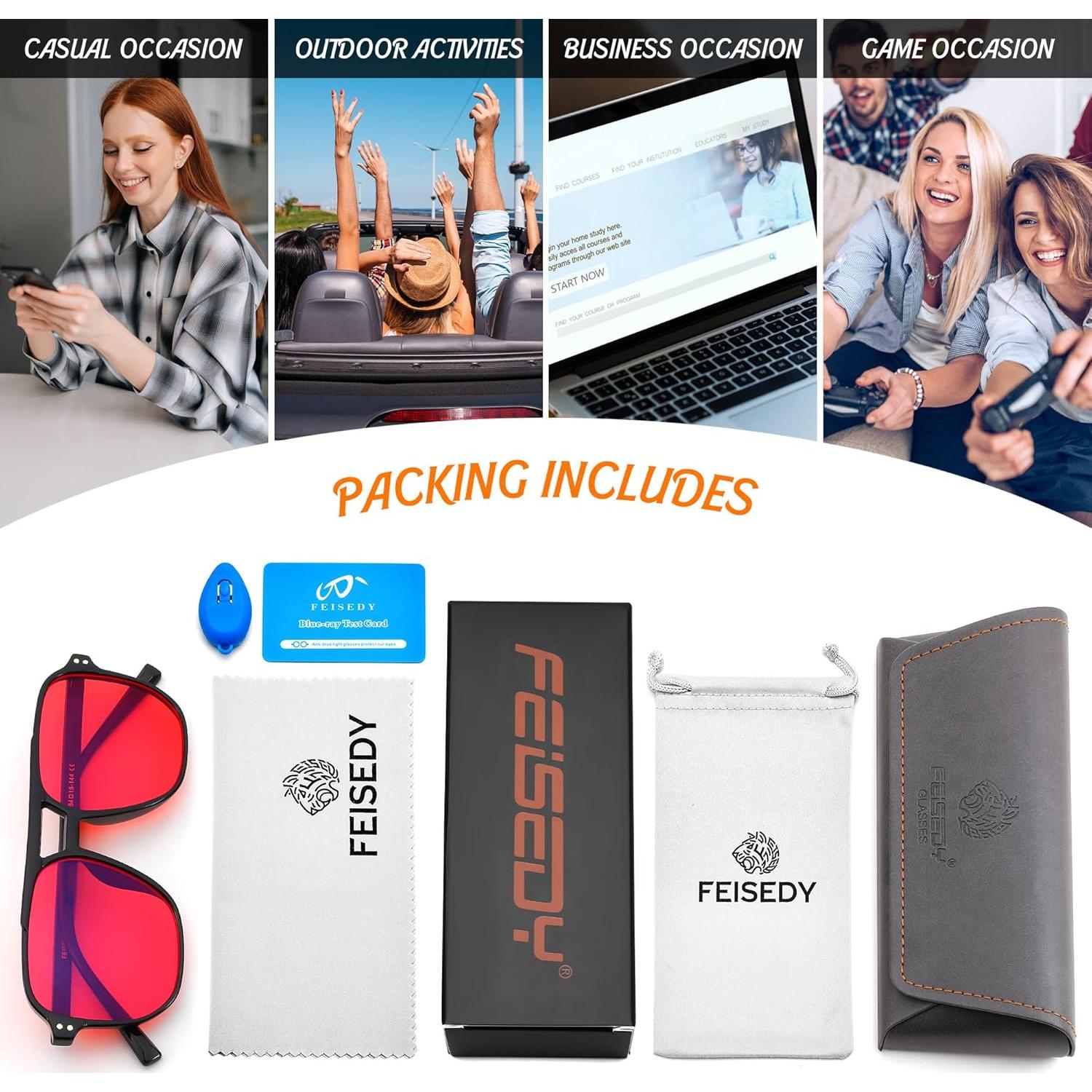 Gafas de Luz Azul FEISEDY G2835 para Dormir y Jugar - Lentes Rojas