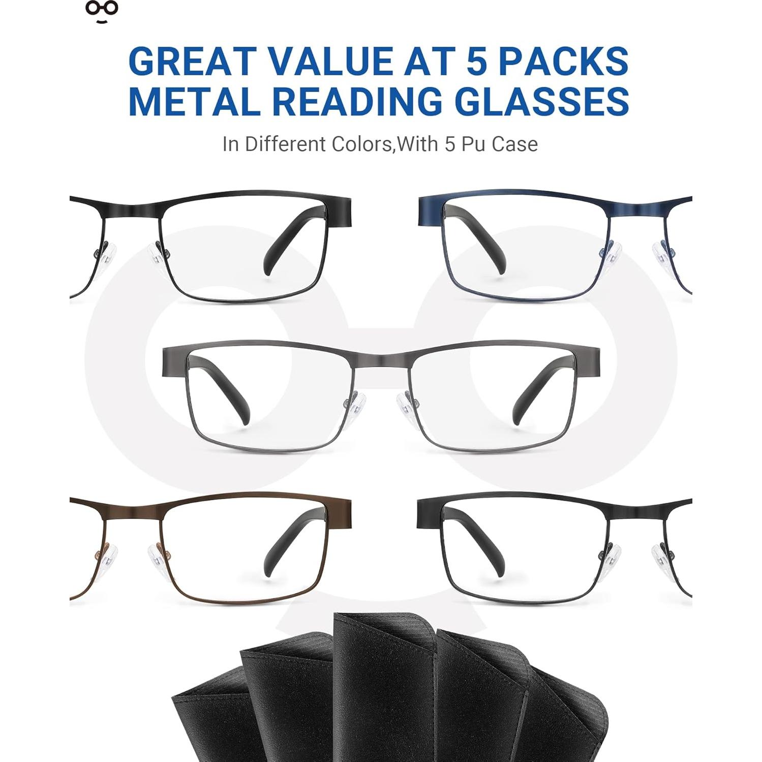5 Gafas de Lectura Metálicas 2.5x Bloqueo Luz Azul Unisex