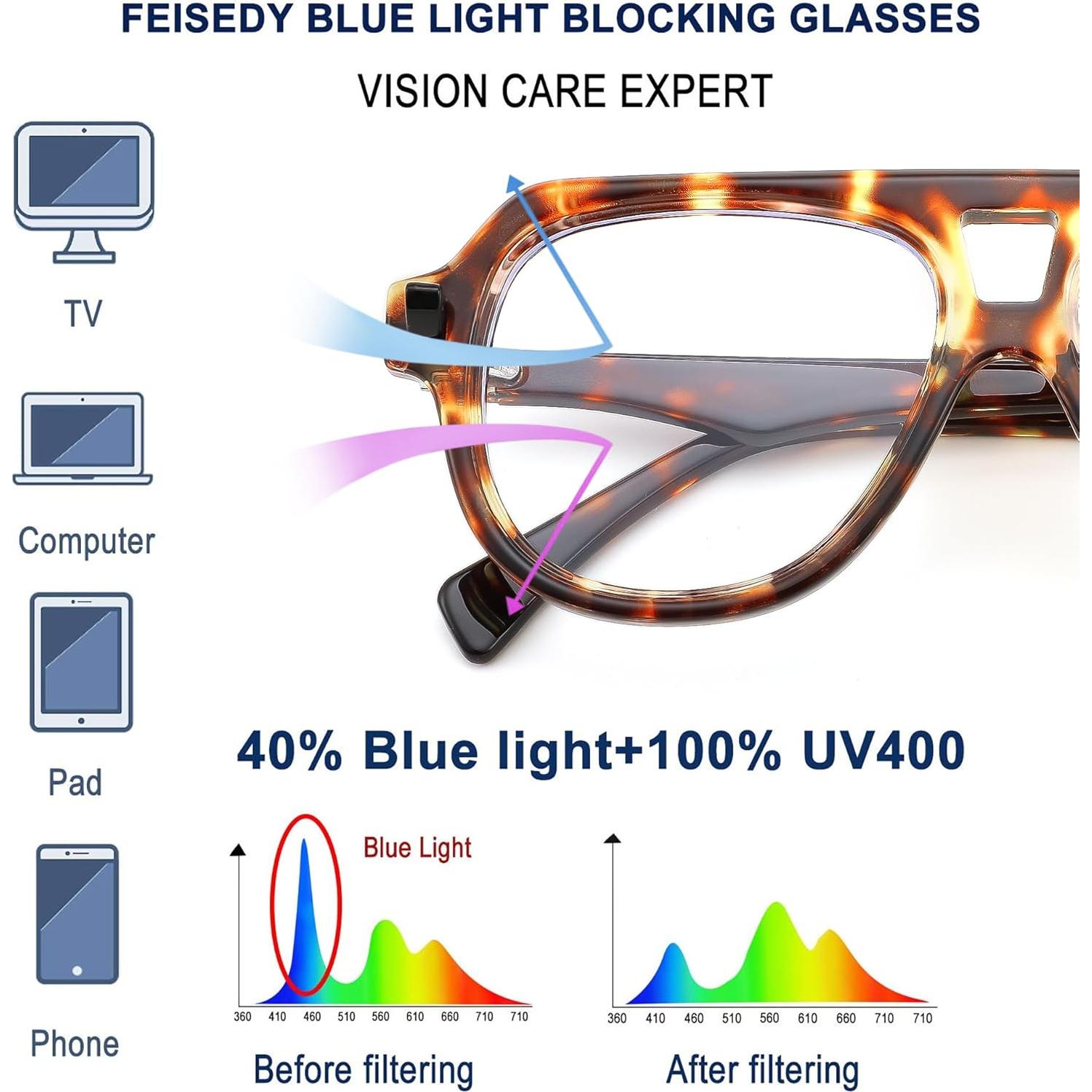 Gafas de Marco Aviador FEISEDY Anti-Luz Azul Unisex 50mm