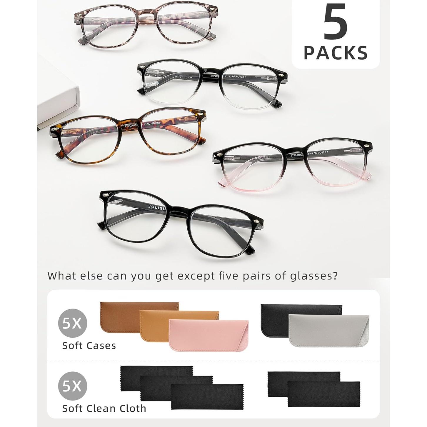 Paquete de 5 Gafas de Lectura JOLISU Anti Luz Azul 1.75x