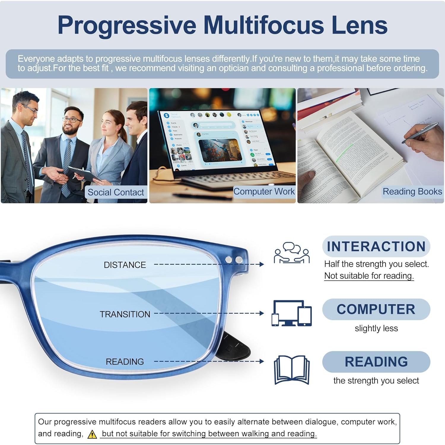 Gafas de Lectura Progresivas TR90 Azul 2.0x con Bloqueo Luz Azul