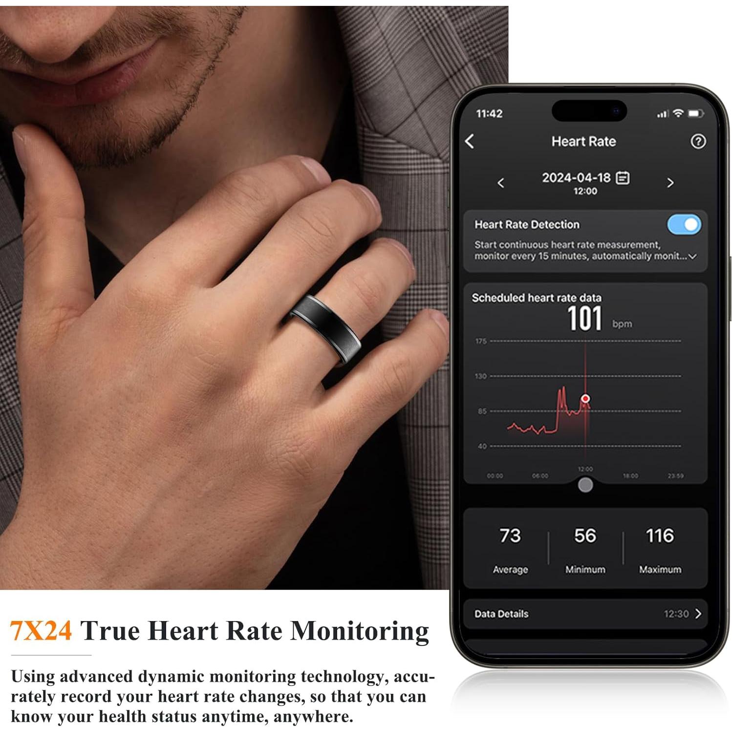 Smart Ring for Men,Fitness Tracker for Women,Size 10 Multiple Sport Modes with Heart Rate Sleep Monitor, IP68 Waterproof Step Counter Calorie Tracking for Android iOS Phone,Black