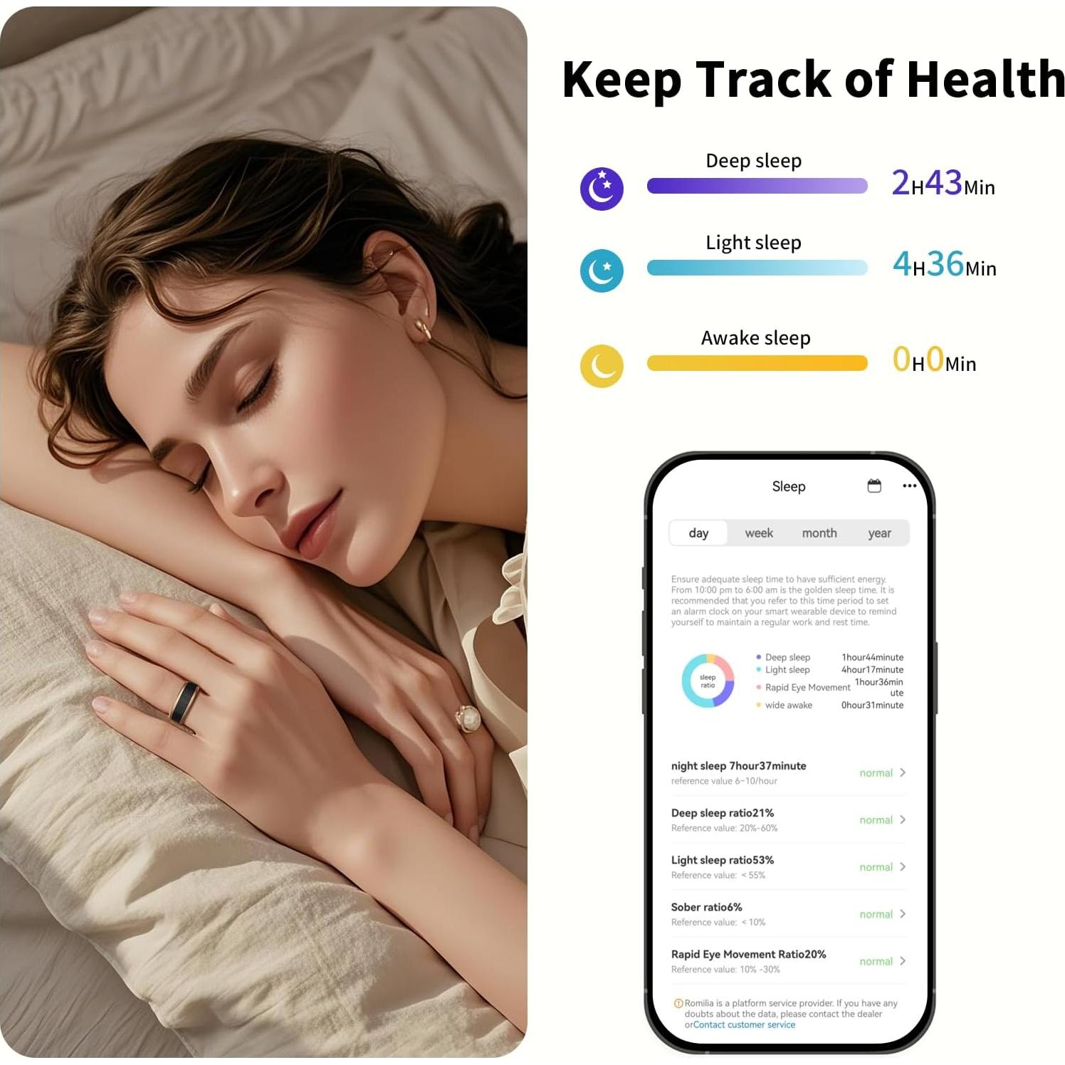 Anillo Inteligente Romilia para Salud y Fitness, Monitoreo Cardíaco y Sueño, IP68
