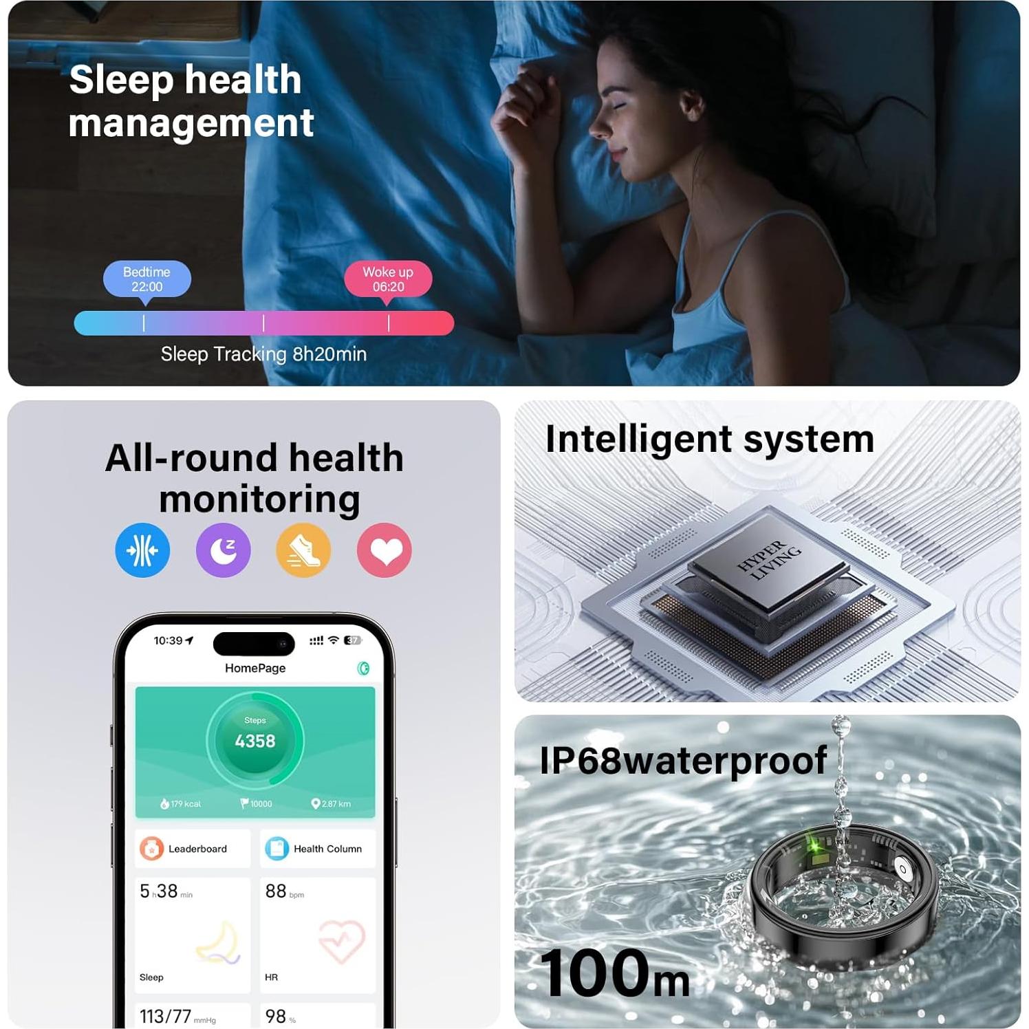 Anillo Inteligente de Salud y Fitness Plata 7# - Monitoreo 24h