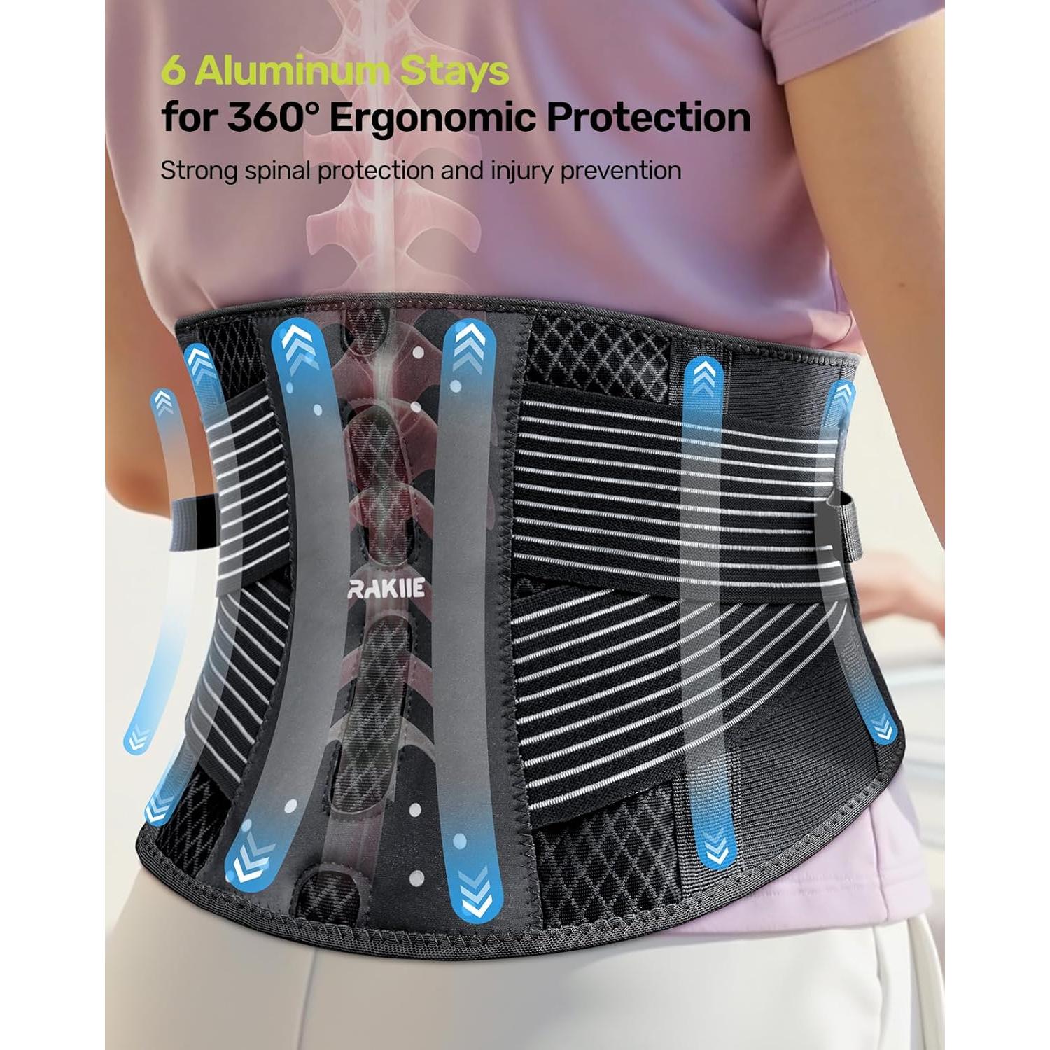 Thin Back Brace, 6X Metal Lower Back Support for Men Women, Lightweight Lumbar Support with 3D Pad, Breathable Support Belt for Herniated Disc, Sciatica Pain Relief, Gray Size M