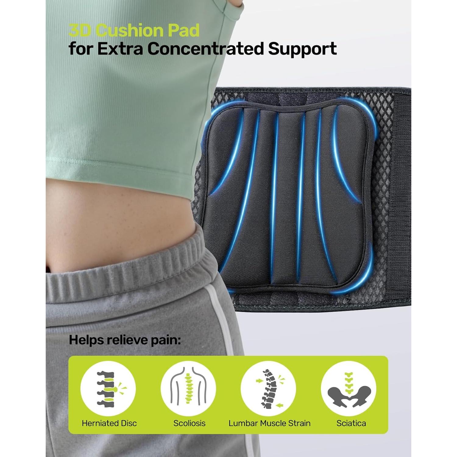 Thin Back Brace, 6X Metal Lower Back Support for Men Women, Lightweight Lumbar Support with 3D Pad, Breathable Support Belt for Herniated Disc, Sciatica Pain Relief, Gray Size M