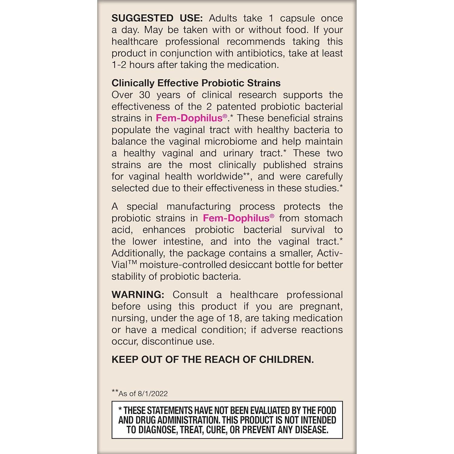 Probioticos Vaginales Jarrow Formulas Fem-Dophilus 60 Cápsulas